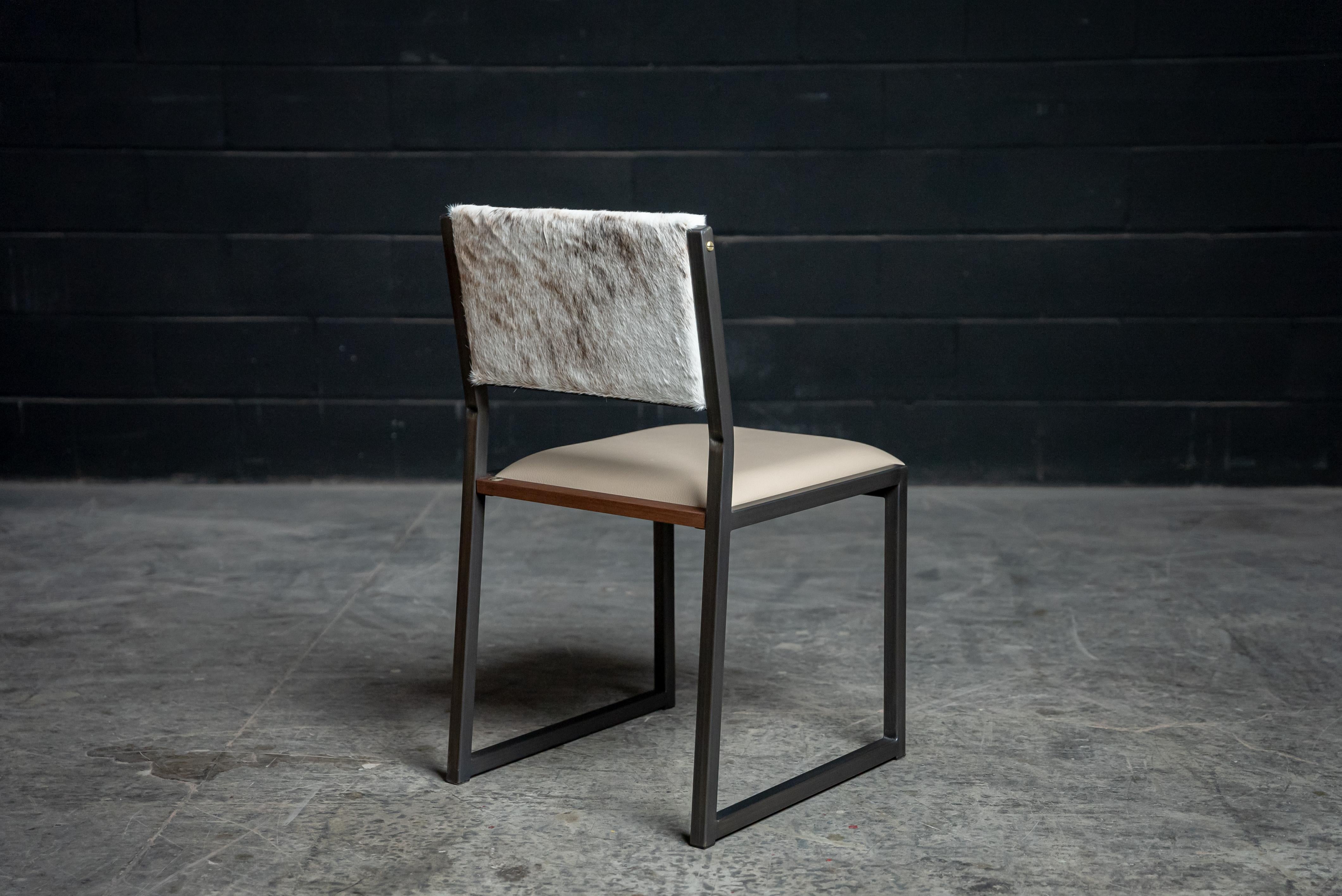 Canadian Shaker Modern Chair, Brushed Bronze, Walnut, Sand Leather, Light Brindle Cowhide For Sale