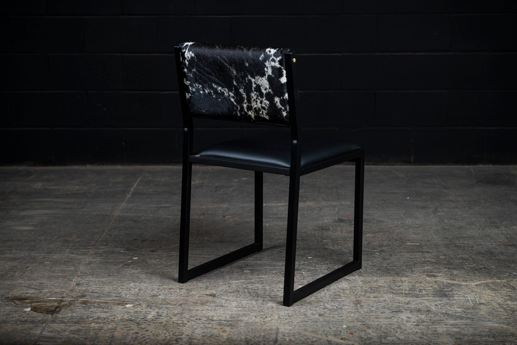 Ebonized Shaker Modern Chair by Ambrozia, Salt & Pepper Cow Hide, Black Leather & Steel For Sale