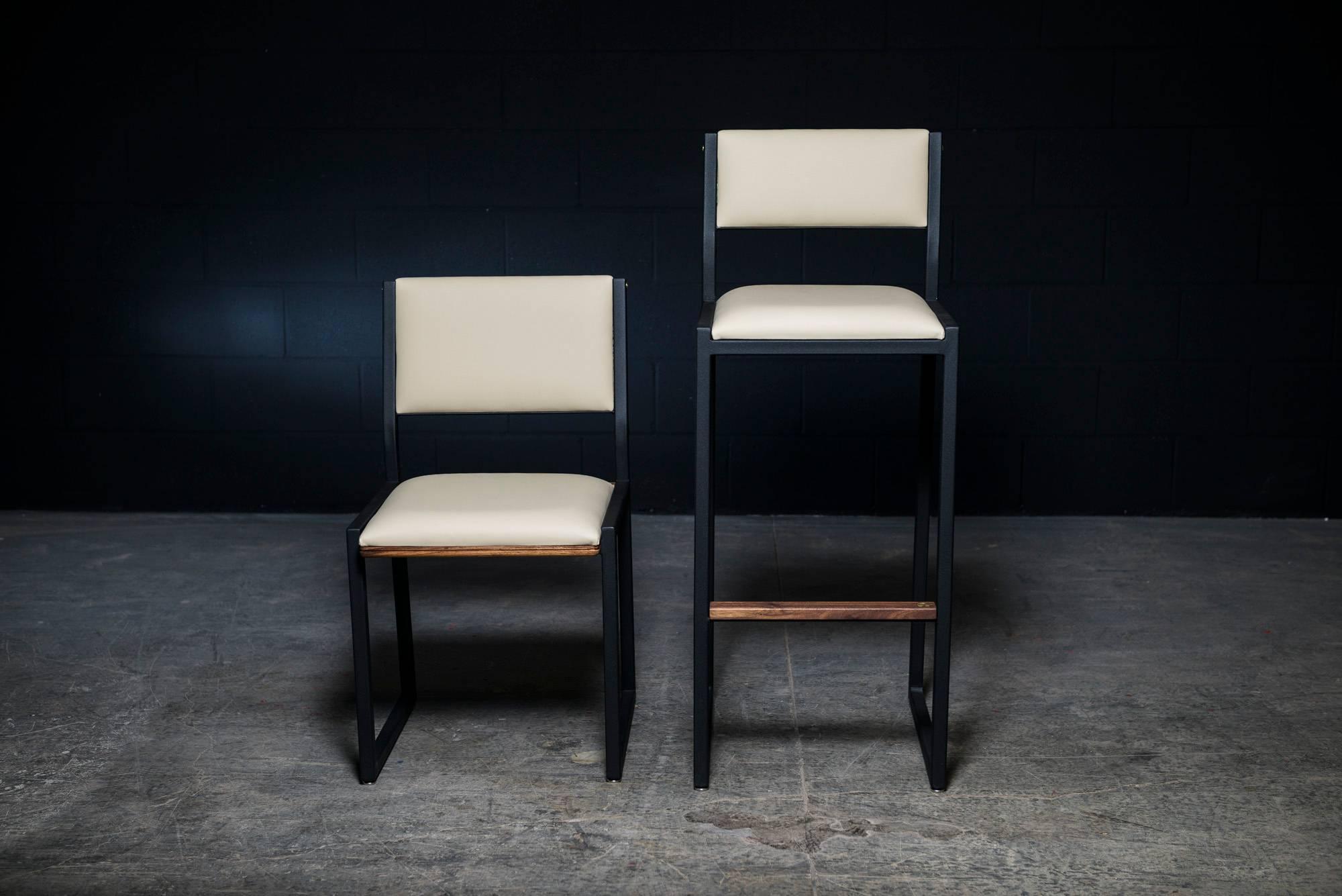 Contemporary Shaker Modern Chair by Ambrozia, Solid Walnut, Black Steel, Cream Vinyl For Sale