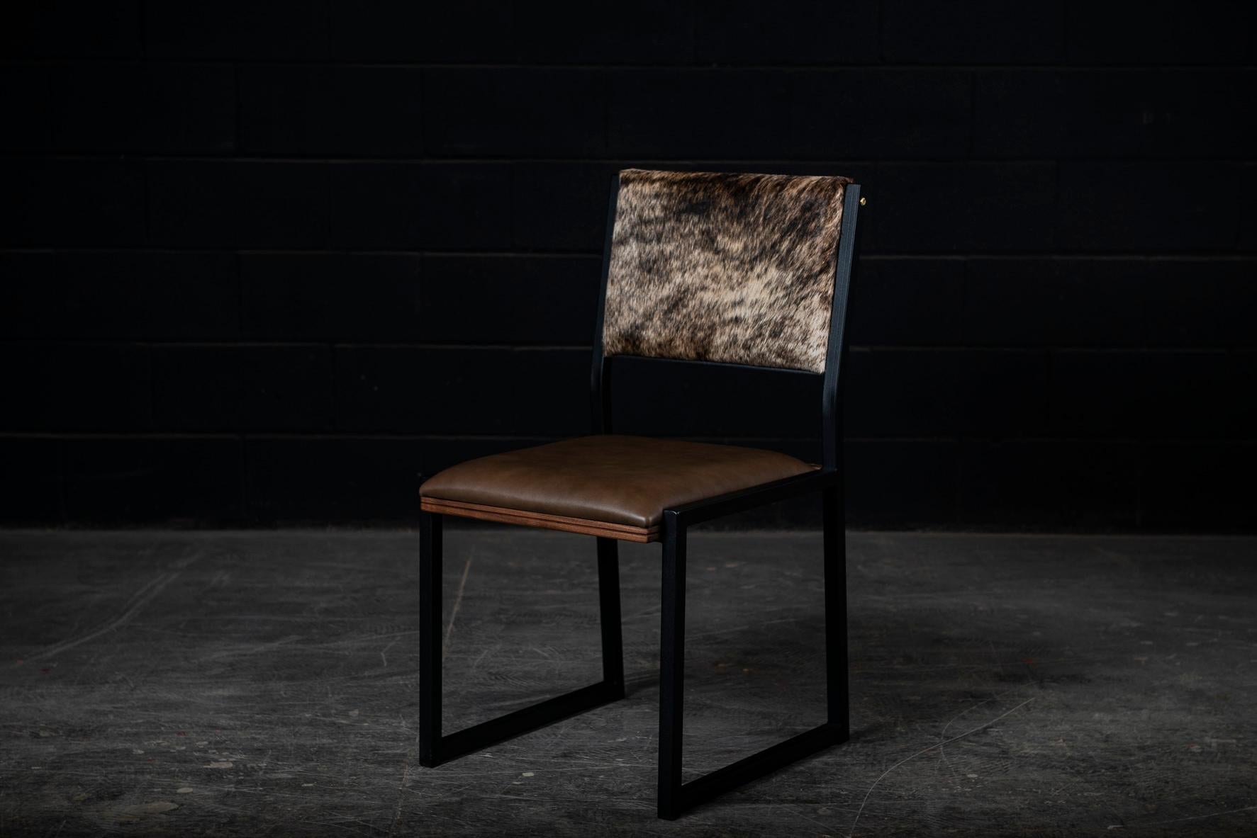 Ebonized Shaker Modern Chair by Ambrozia, Walnut, Brown Leather, light brown brindle hide For Sale