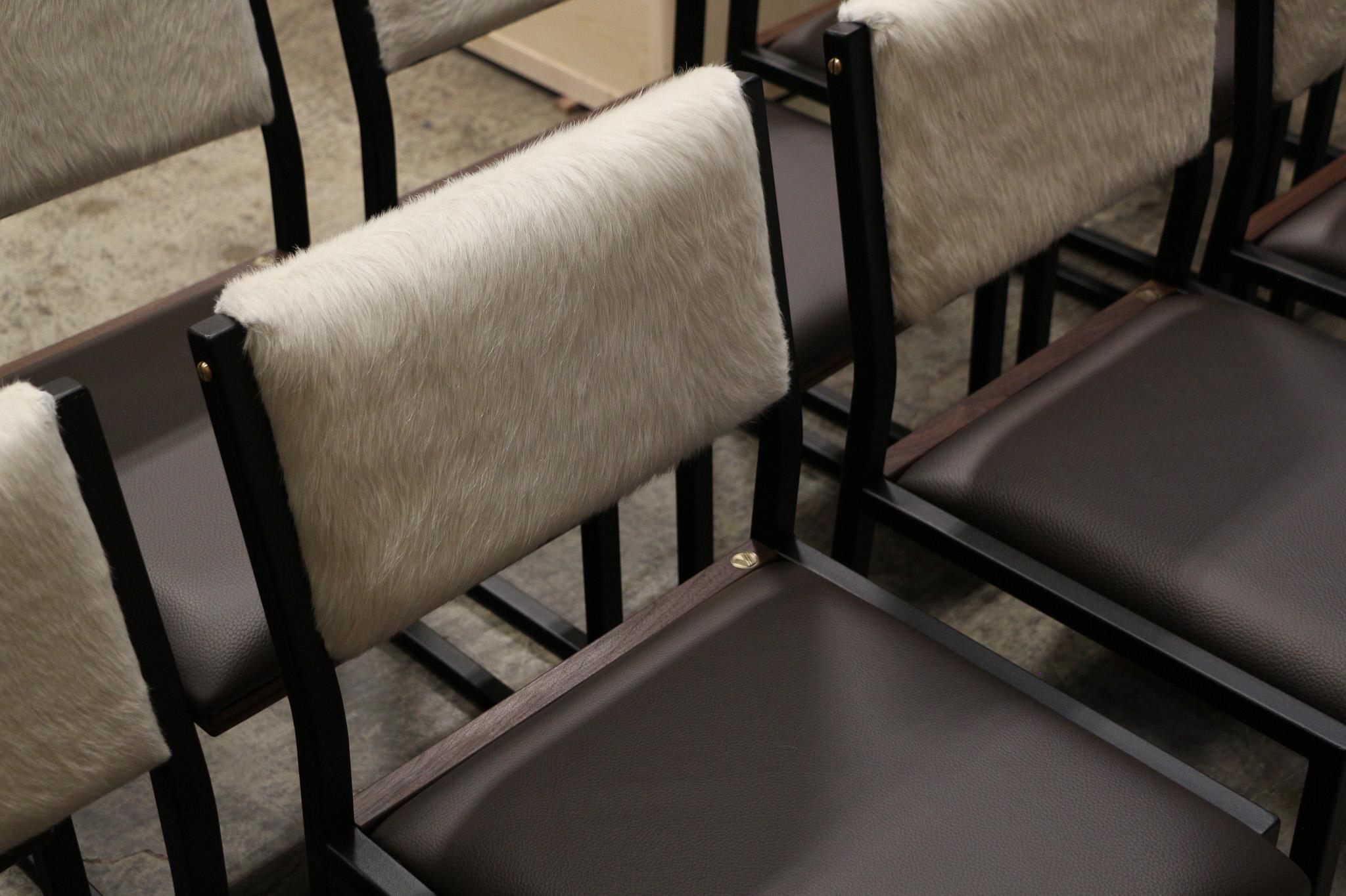 Canadian Shaker Modern Chair by Ambrozia, Walnut, Dark Brown Leather, White Cowhide For Sale