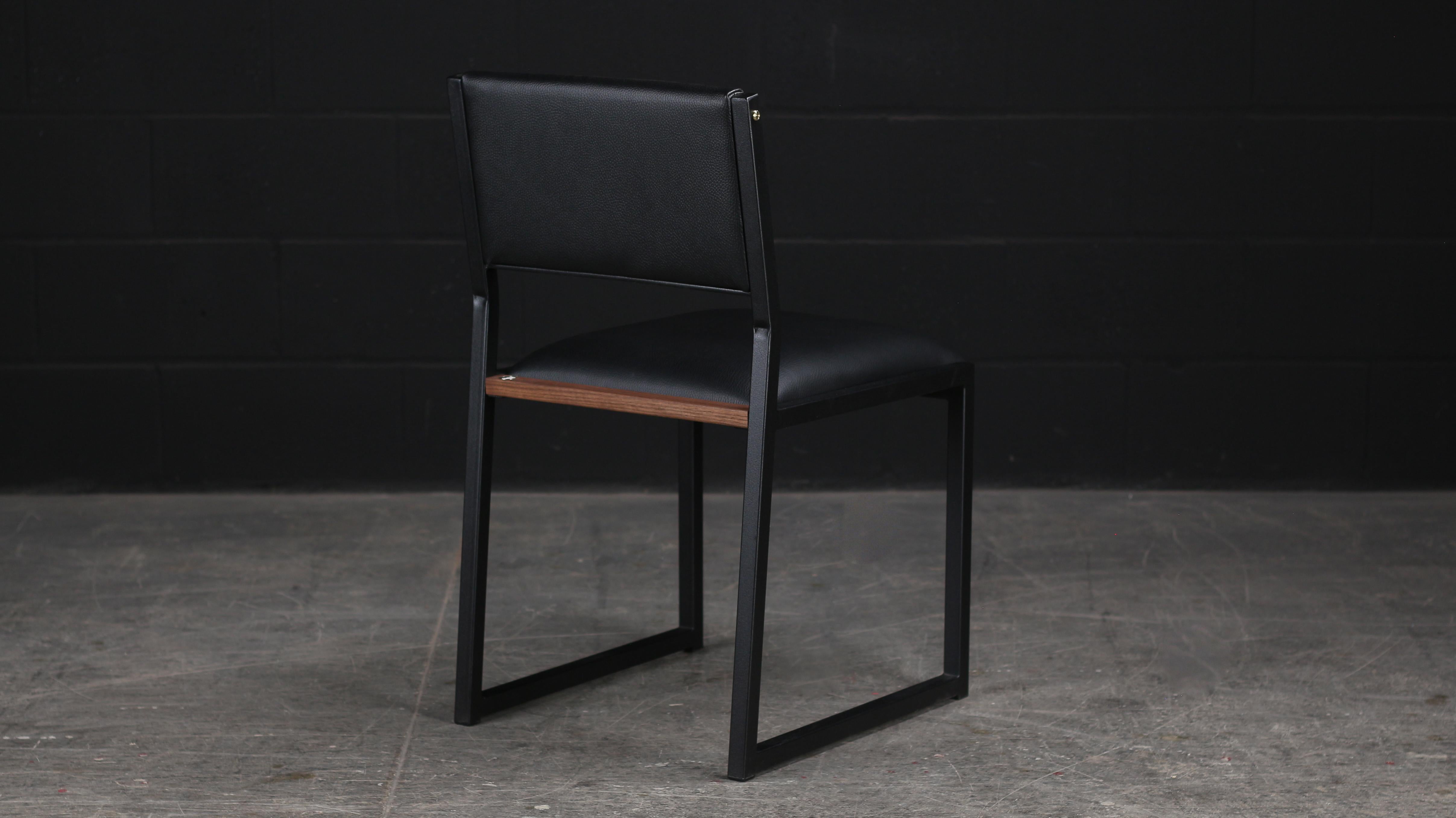 Canadian Shaker Modern Dining Chair by AMBROZIA, Black Leather, Walnut & Black Steel For Sale