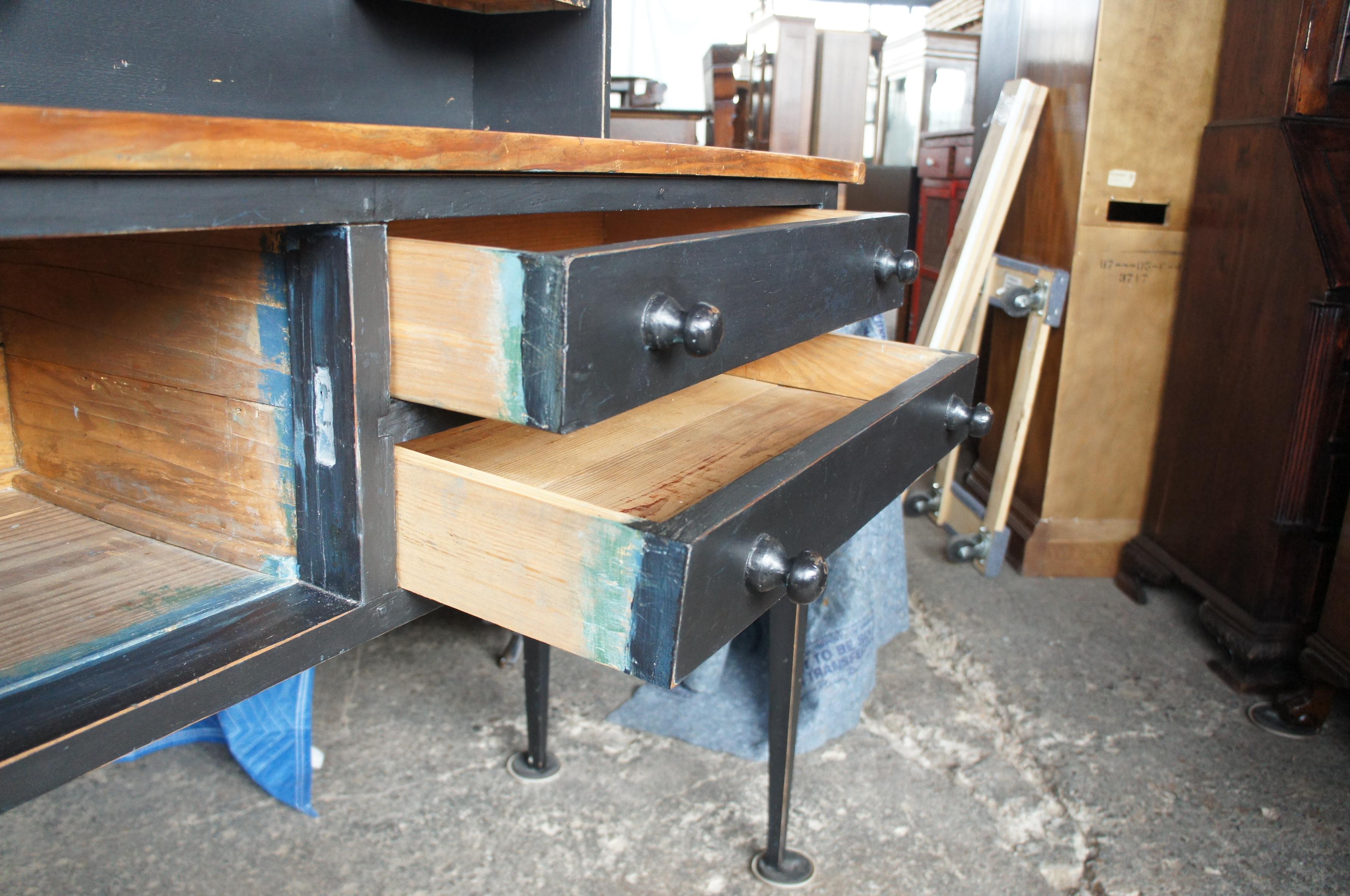 Hardwood Shaker Style Primitive Sideboard & Hutch Rustic Black Cupboard Buffet Antiqued