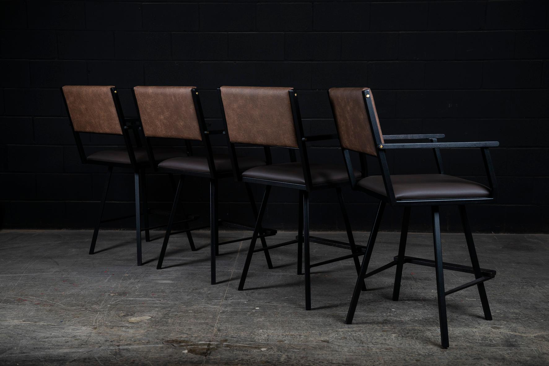 Contemporary Shaker Swivel armchair, by Ambrozia, Ebonized Oak, Black Steel, Brown Vinyl For Sale