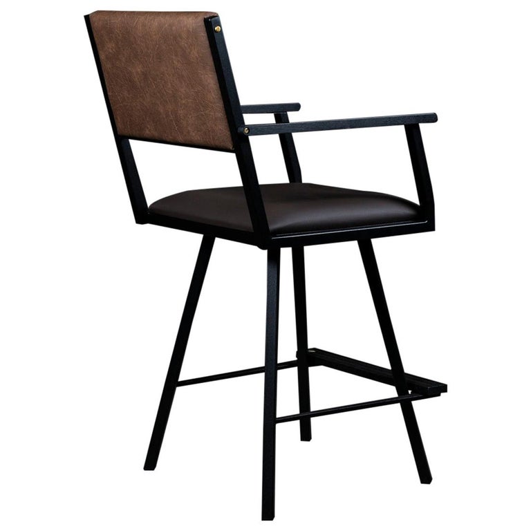 Shaker Swivel armchair, by Ambrozia, Ebonised Oak, Black Steel, Brown