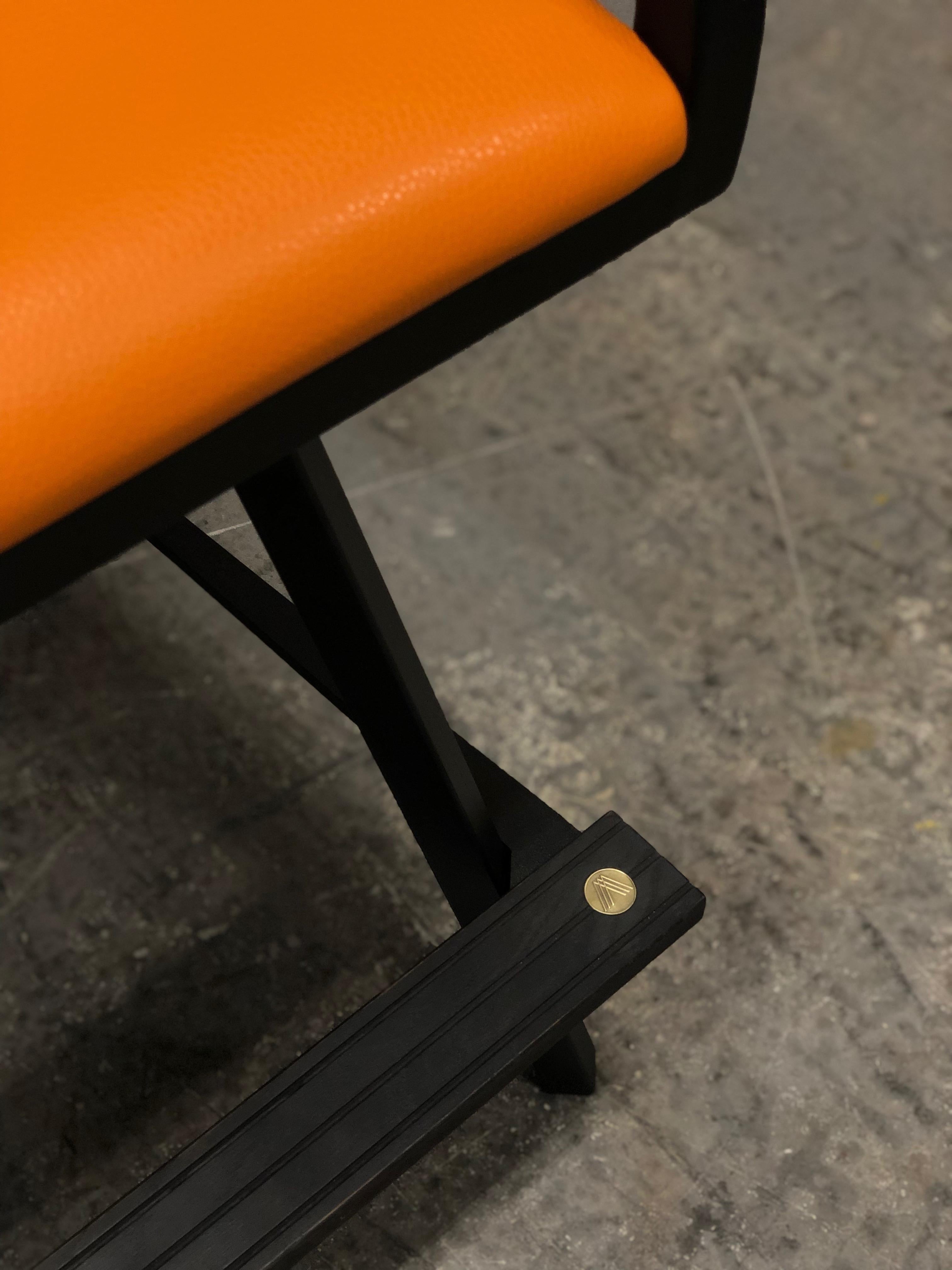Modern Shaker Swivel Armchair, by Ambrozia, Ebonized Oak & Steel, Burnt Orange Leather For Sale
