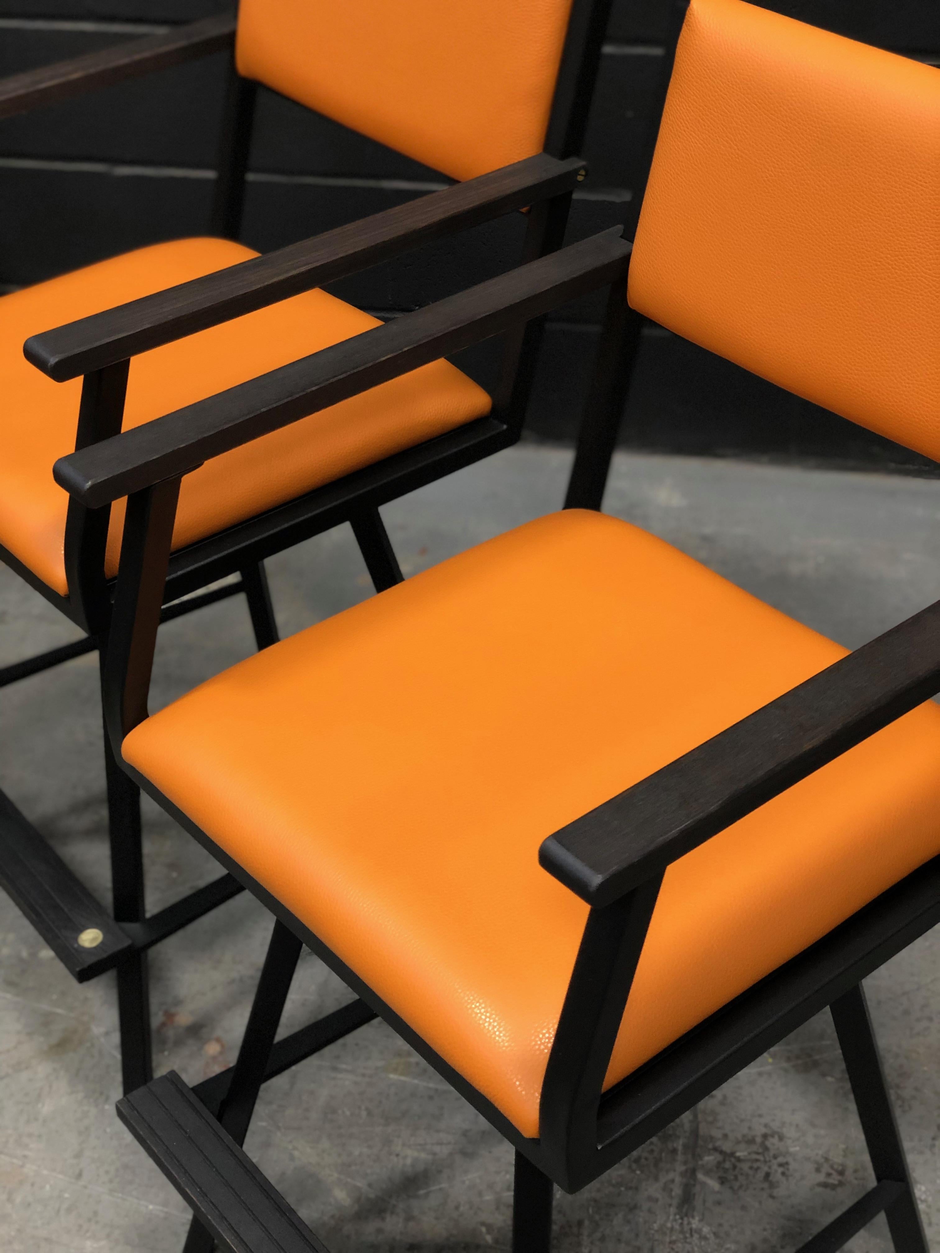 Canadian Shaker Swivel Armchair, by Ambrozia, Ebonized Oak & Steel, Burnt Orange Leather For Sale