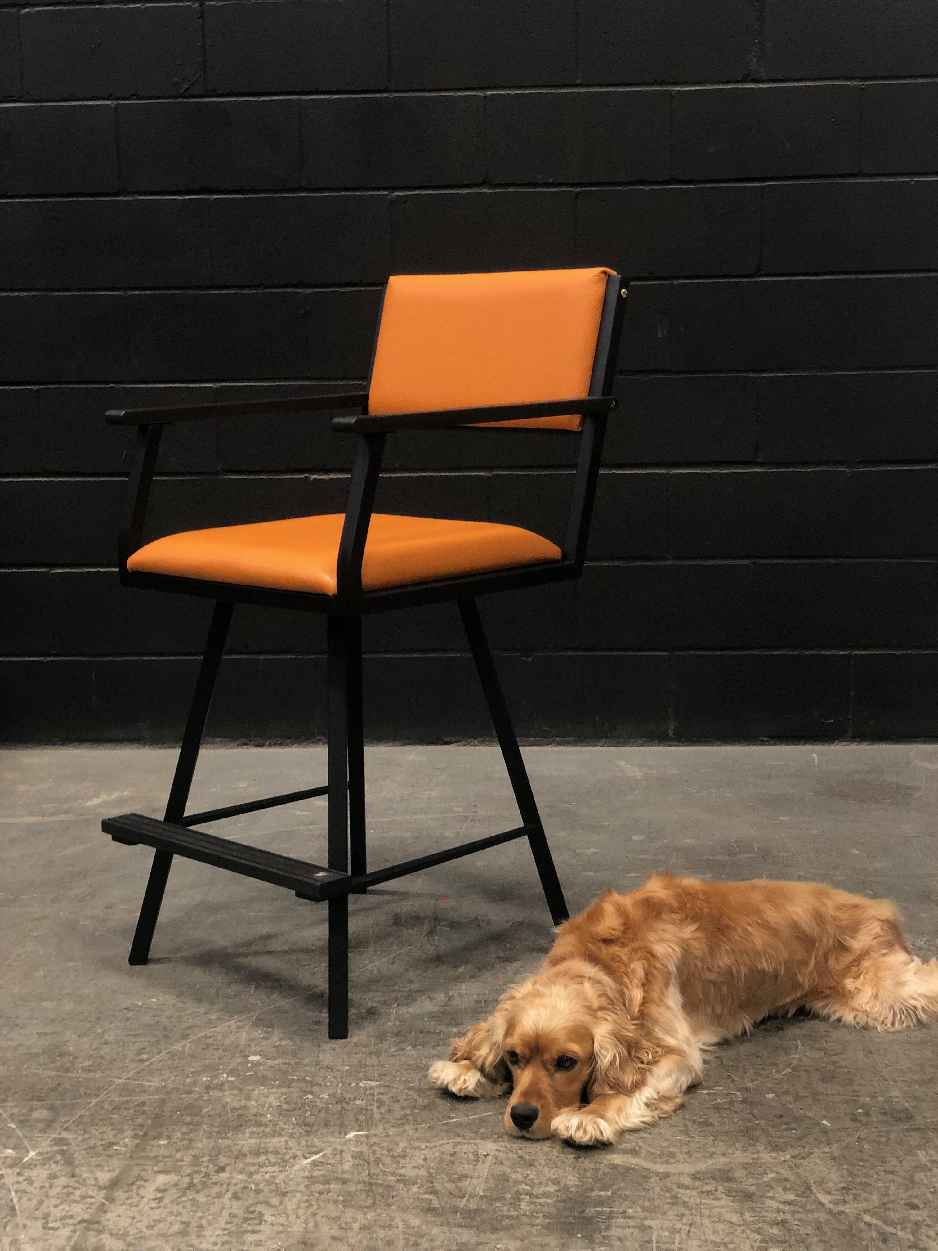 Shaker Swivel Armchair, by Ambrozia, Ebonized Oak & Steel, Burnt Orange Leather In New Condition For Sale In Drummondville, Quebec