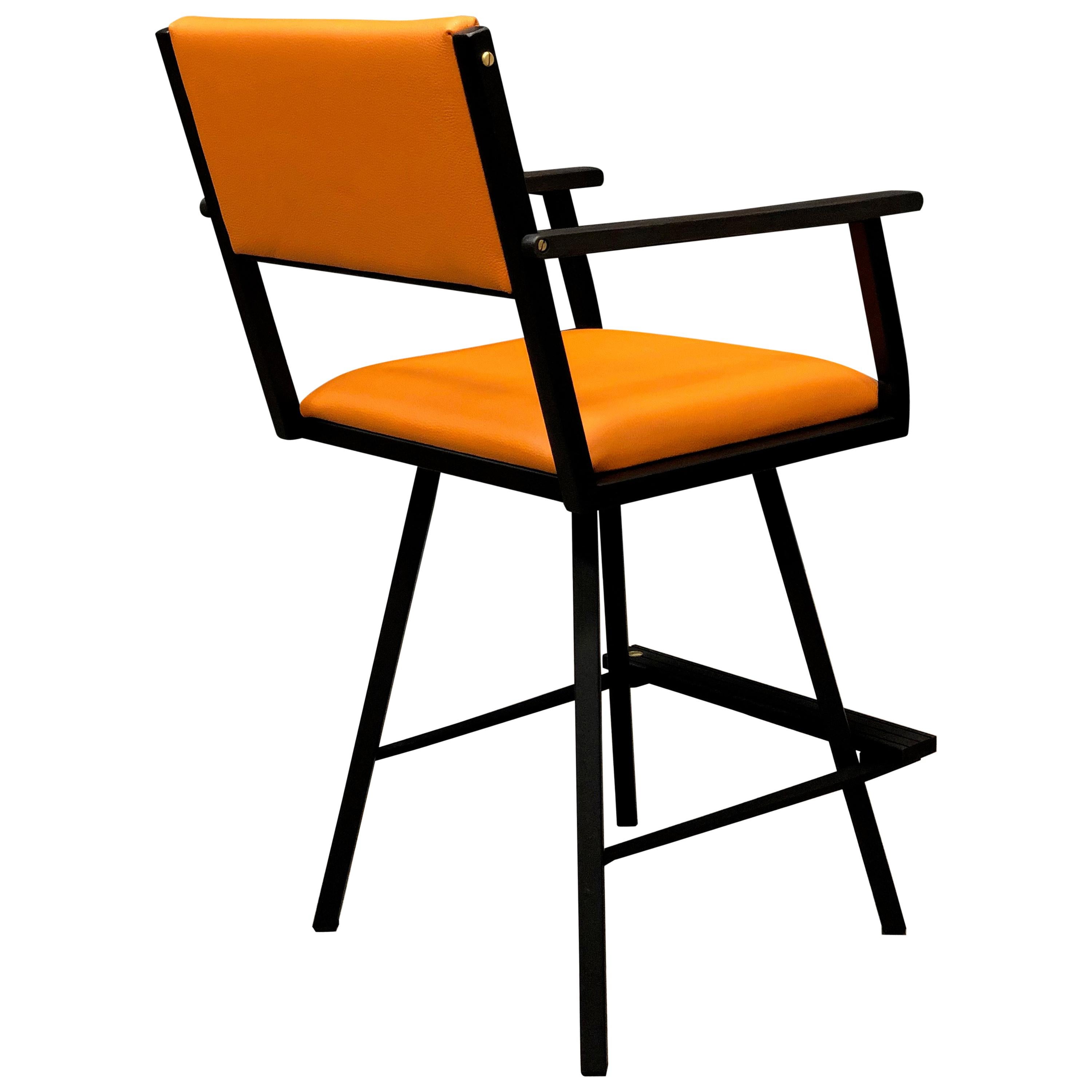 Shaker Swivel Armchair, by Ambrozia, Ebonized Oak & Steel, Burnt Orange Leather