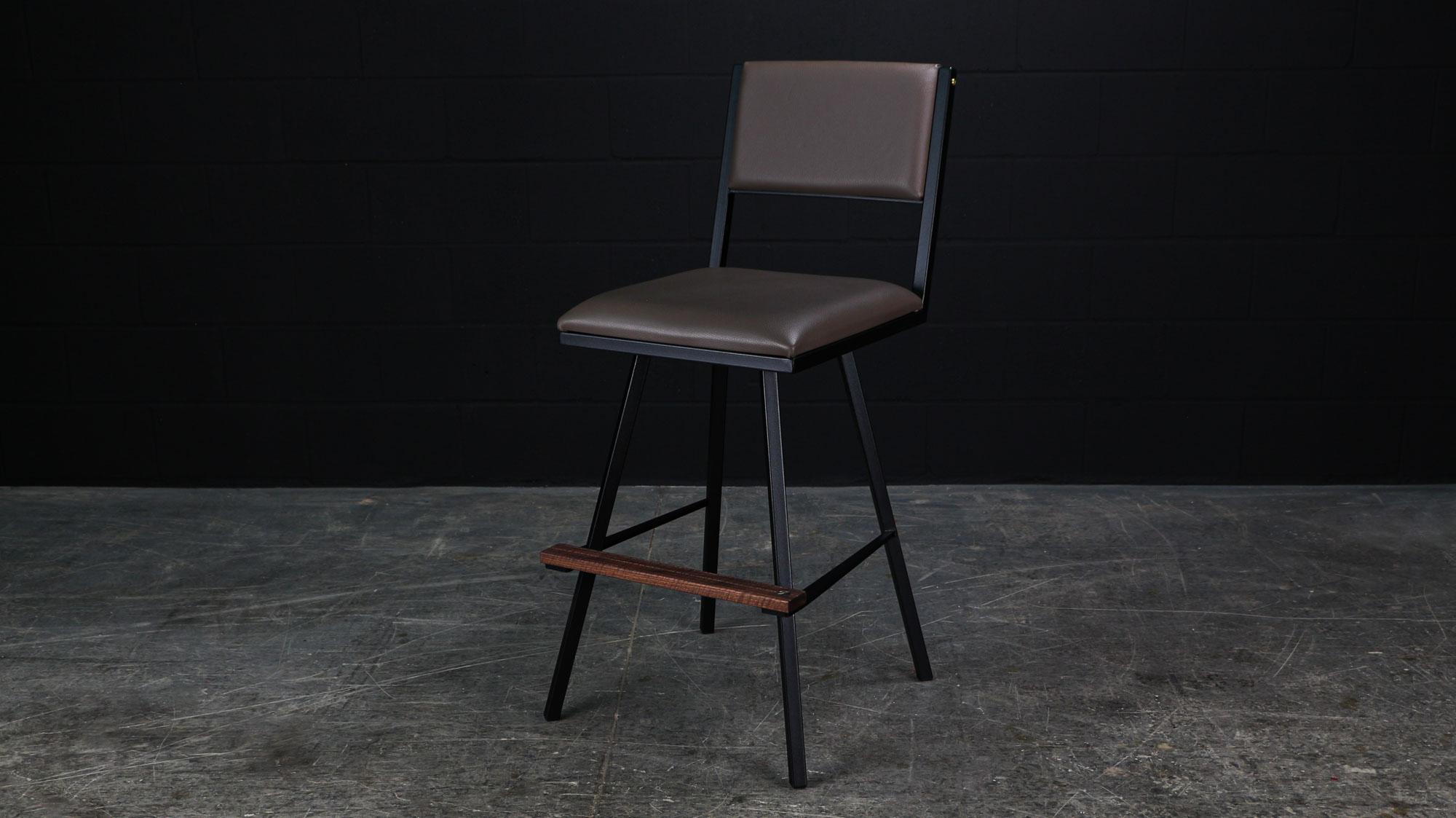 Ebonized Shaker Swivel Bar Chair, by Ambrozia, Walnut, Black Metal & Smokey Leather For Sale