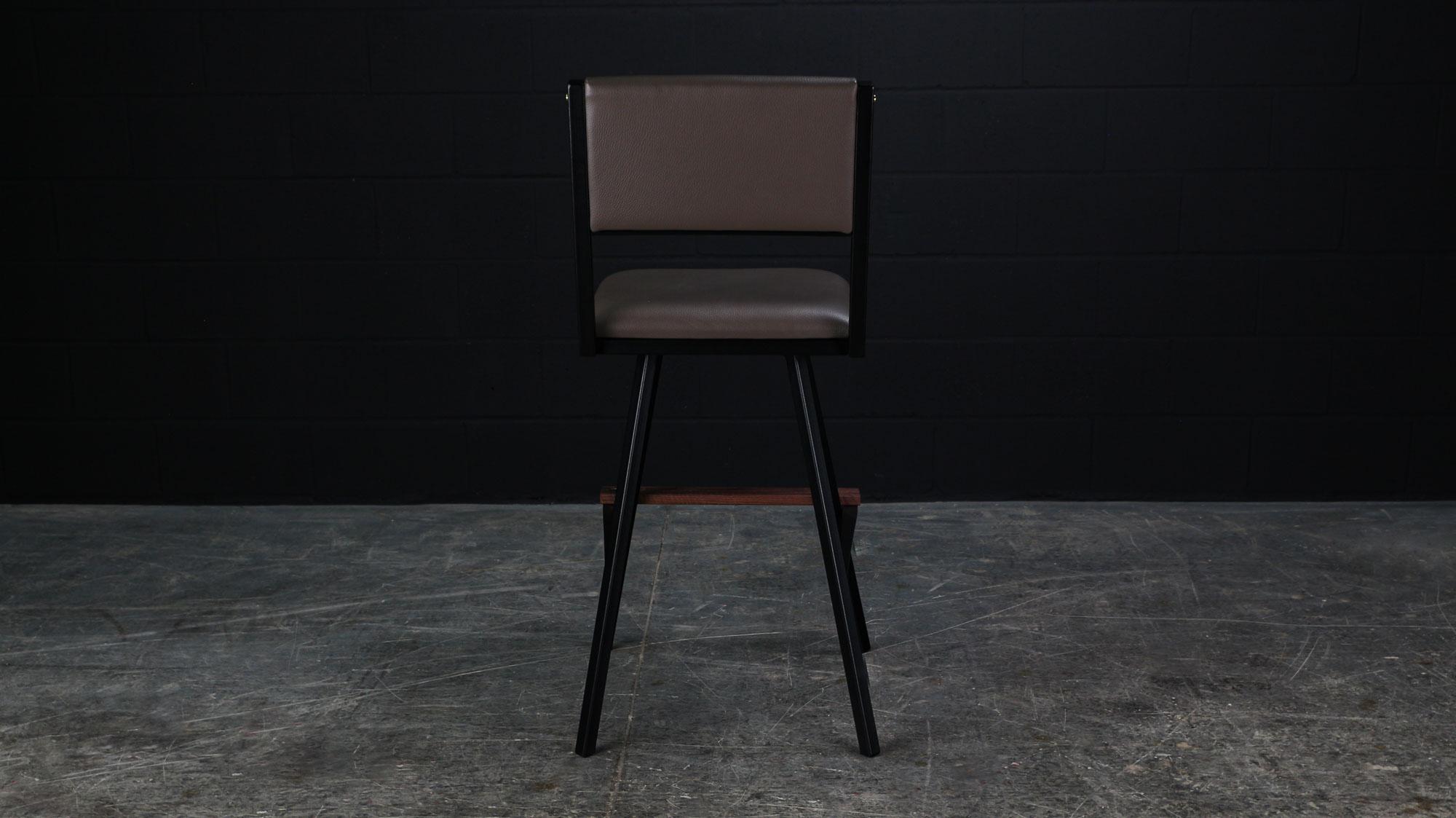 Contemporary Shaker Swivel Bar Chair, by Ambrozia, Walnut, Black Metal & Smokey Leather For Sale
