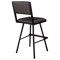 Shaker Swivel Bar Chair, by AMBROZIA, Walnut, Black Metal & Smokey Leather