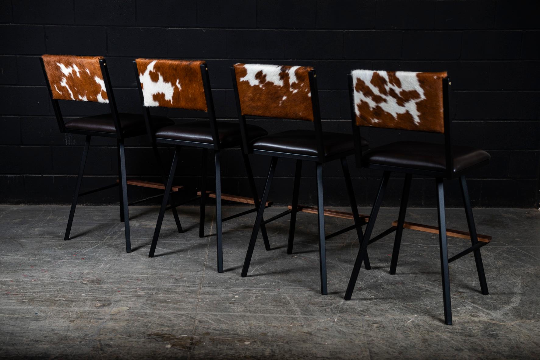 Canadian Shaker Swivel Bar Chair, by Ambrozia, Walnut, Steel, B&W Cowhide & Brown leather For Sale