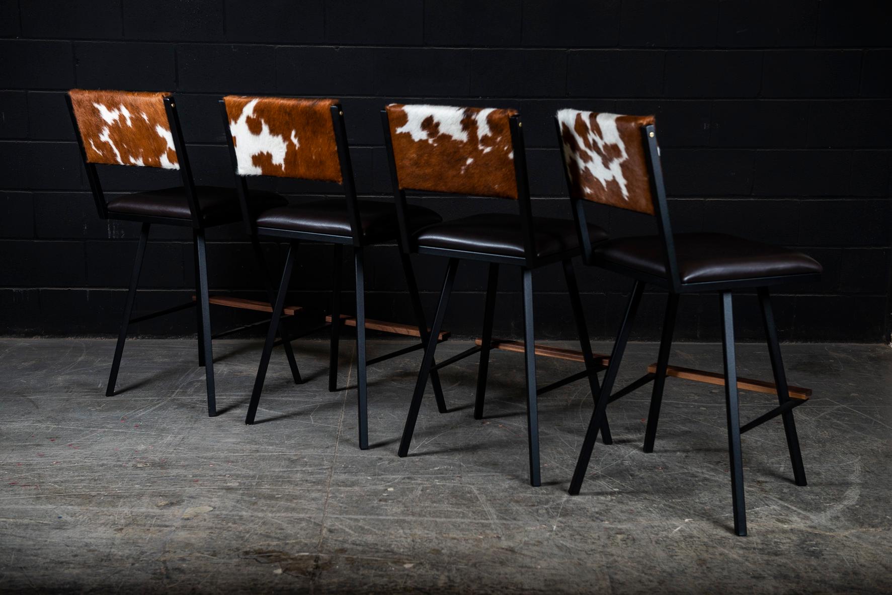 Ebonized Shaker Swivel Bar Chair, by Ambrozia, Walnut, Steel, B&W Cowhide & Brown leather For Sale