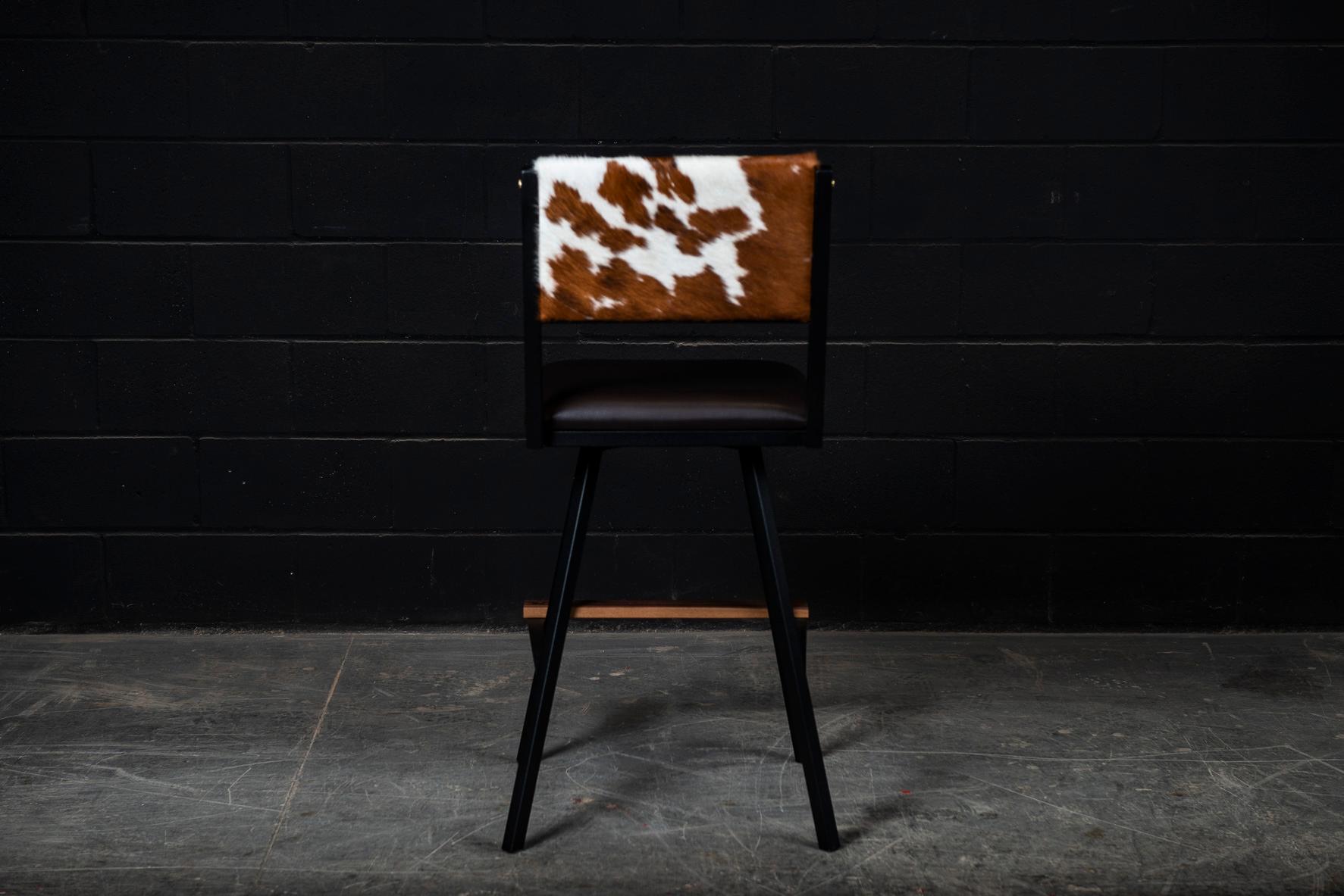 Shaker Swivel Bar Chair, by Ambrozia, Walnut, Steel, B&W Cowhide & Brown leather For Sale 1