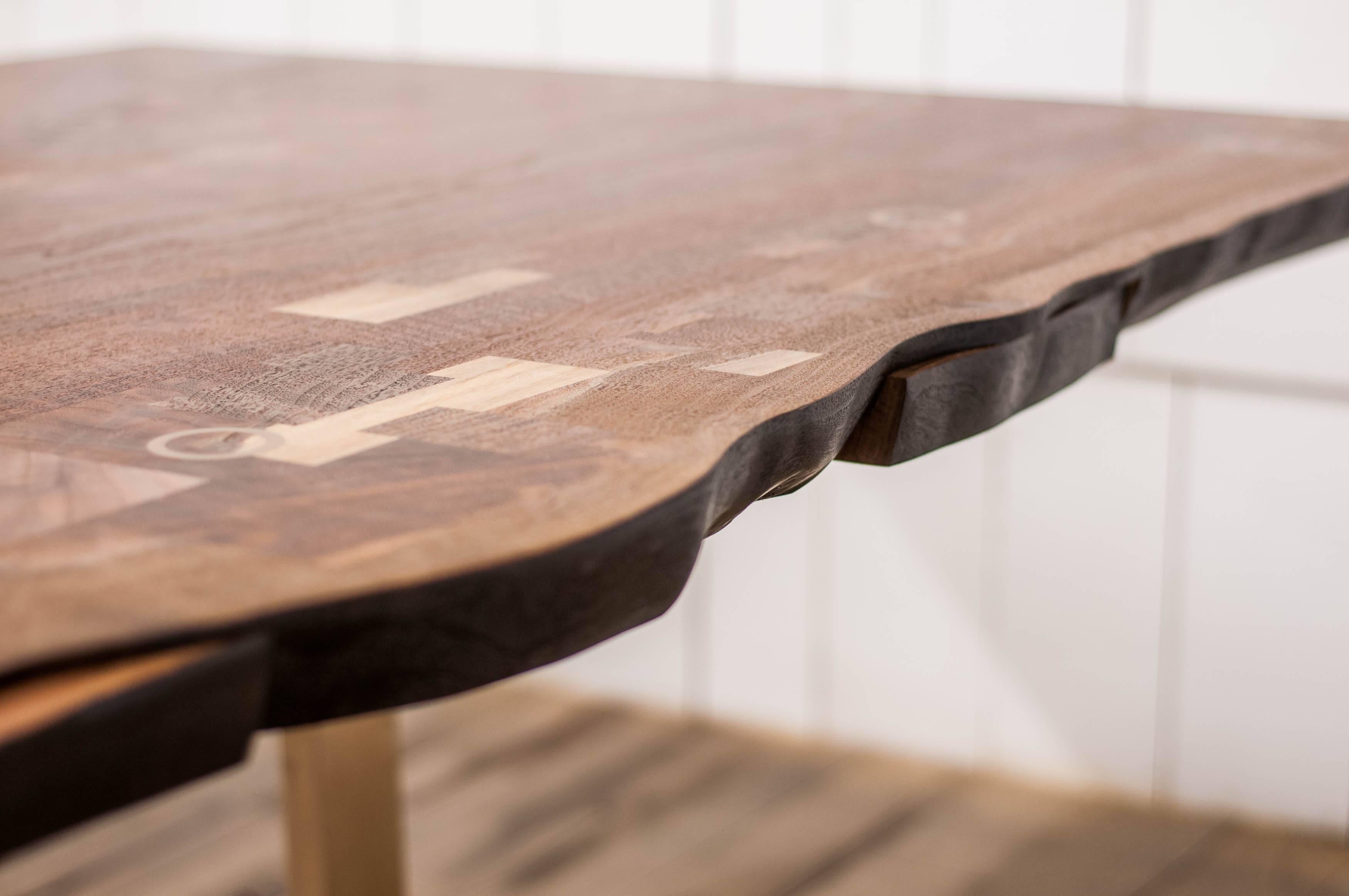 Contemporary Shaker Table in Claro Walnut Slab and Cast Bronze Legs