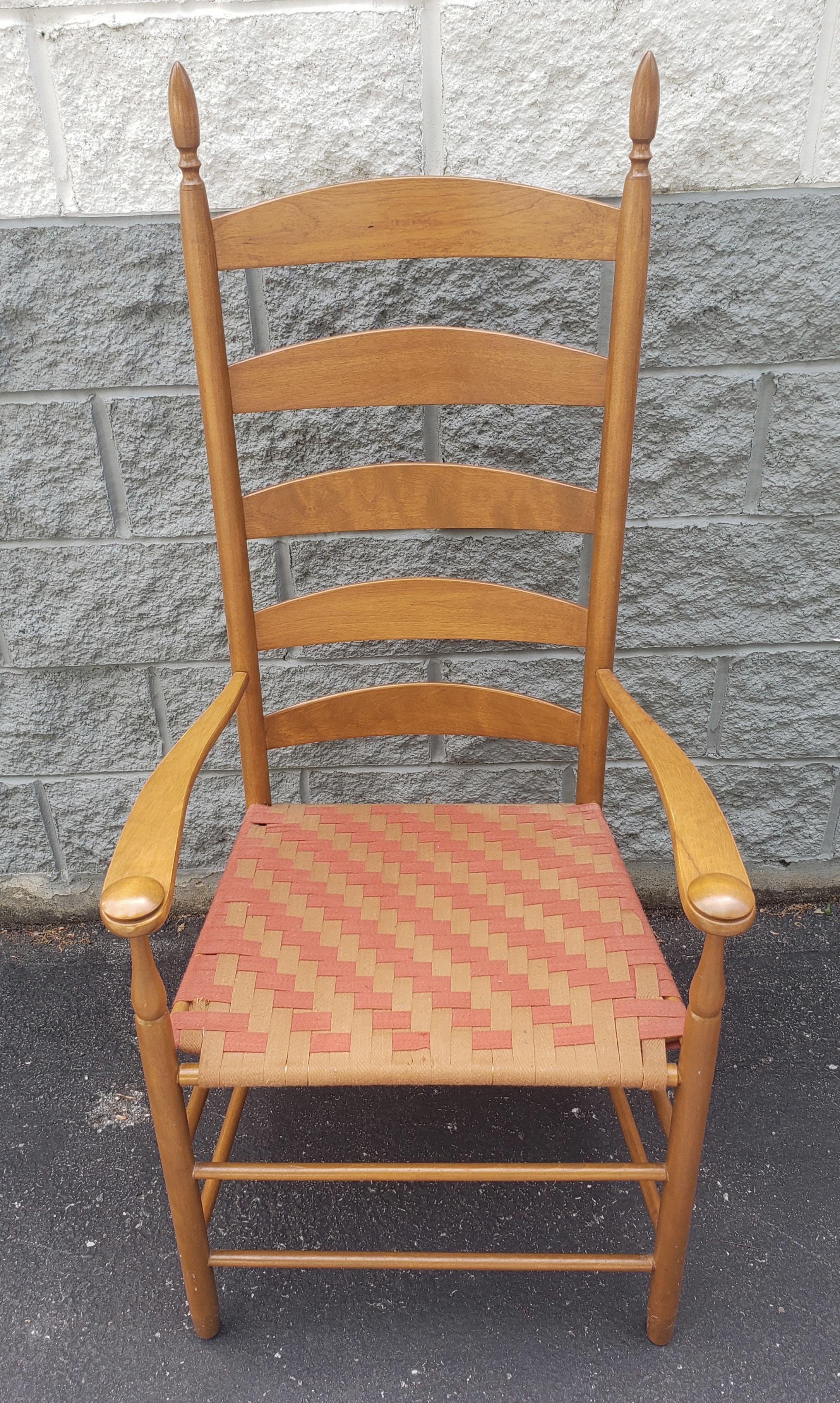 Shaker Vintage Maple Slat High Back Captain Chair with woven cotton straps Seat in great vintage condition. Super light weight, yet very sturdy
Measures 23.5
