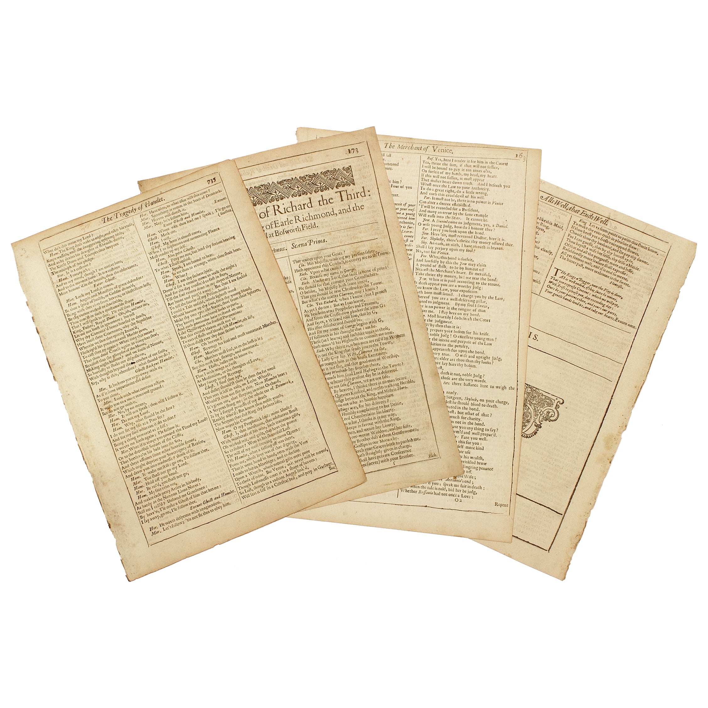 Shakespeare. A LEAF FROM EACH OF THE FOUR FOLIOS - 1623 - 1632 - 1663 - 1685 For Sale