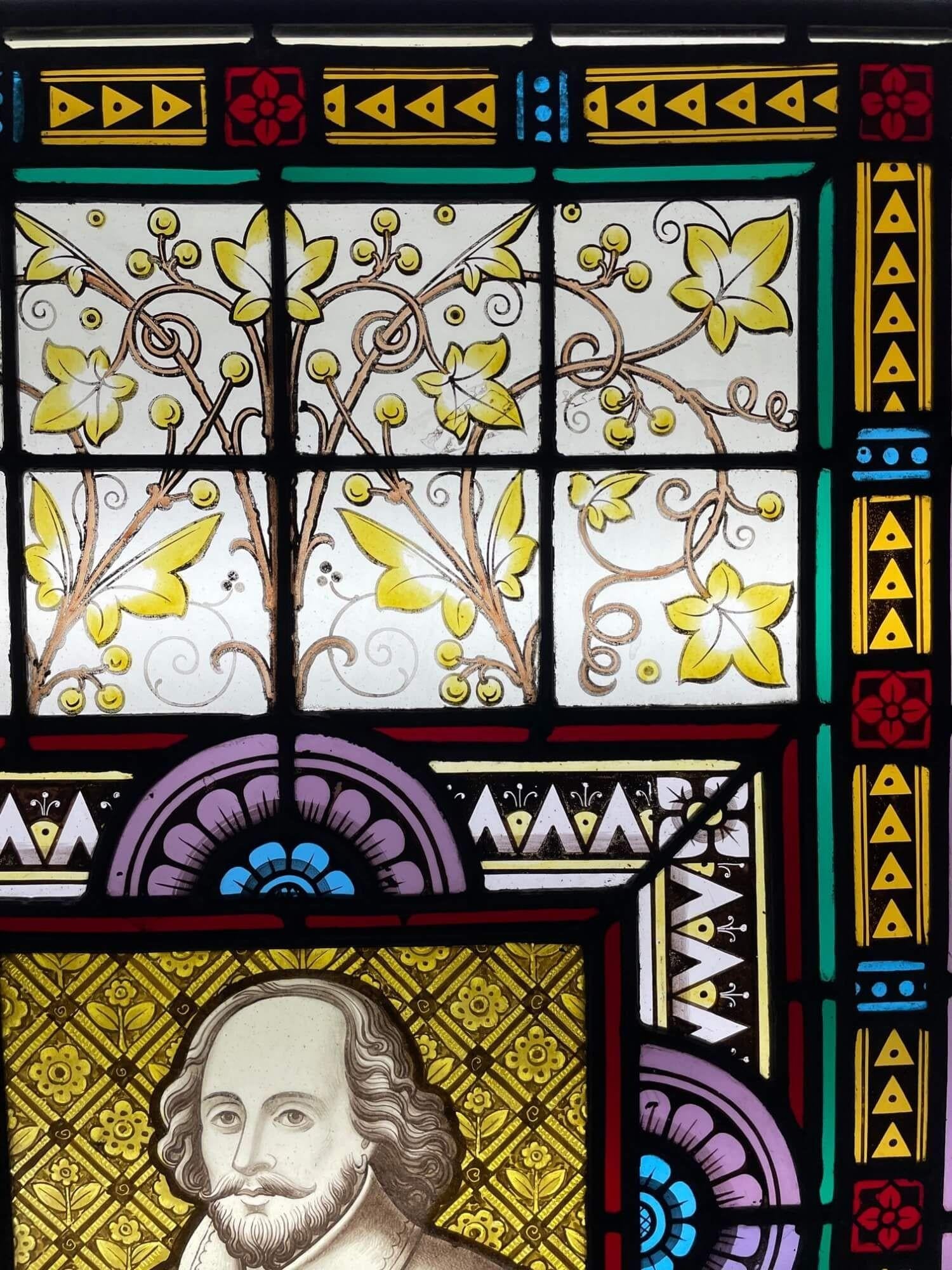 English Shakespeare Antique Stained Glass Window For Sale