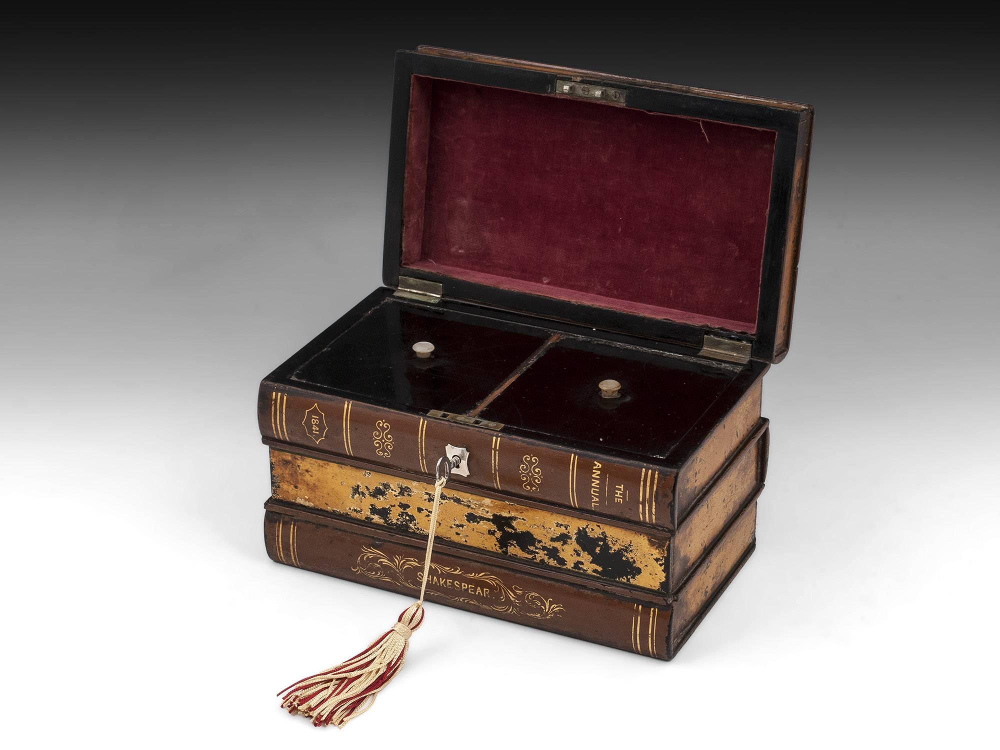 British Shakespeare Book Tea Caddy Box Papier Mache Gold Leaf 19th Century
