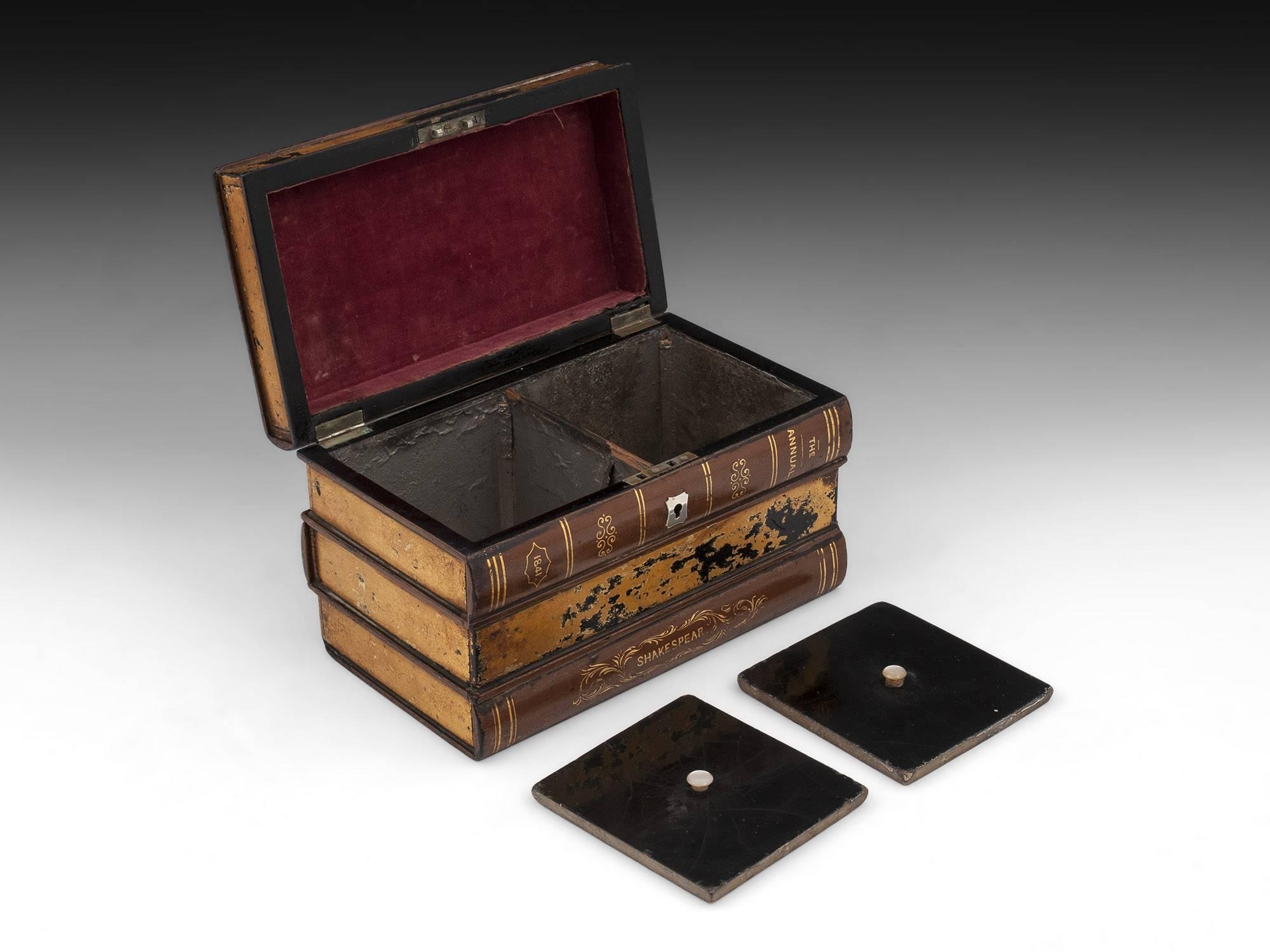 Shakespeare Book Tea Caddy Box Papier Mache Gold Leaf 19th Century 1