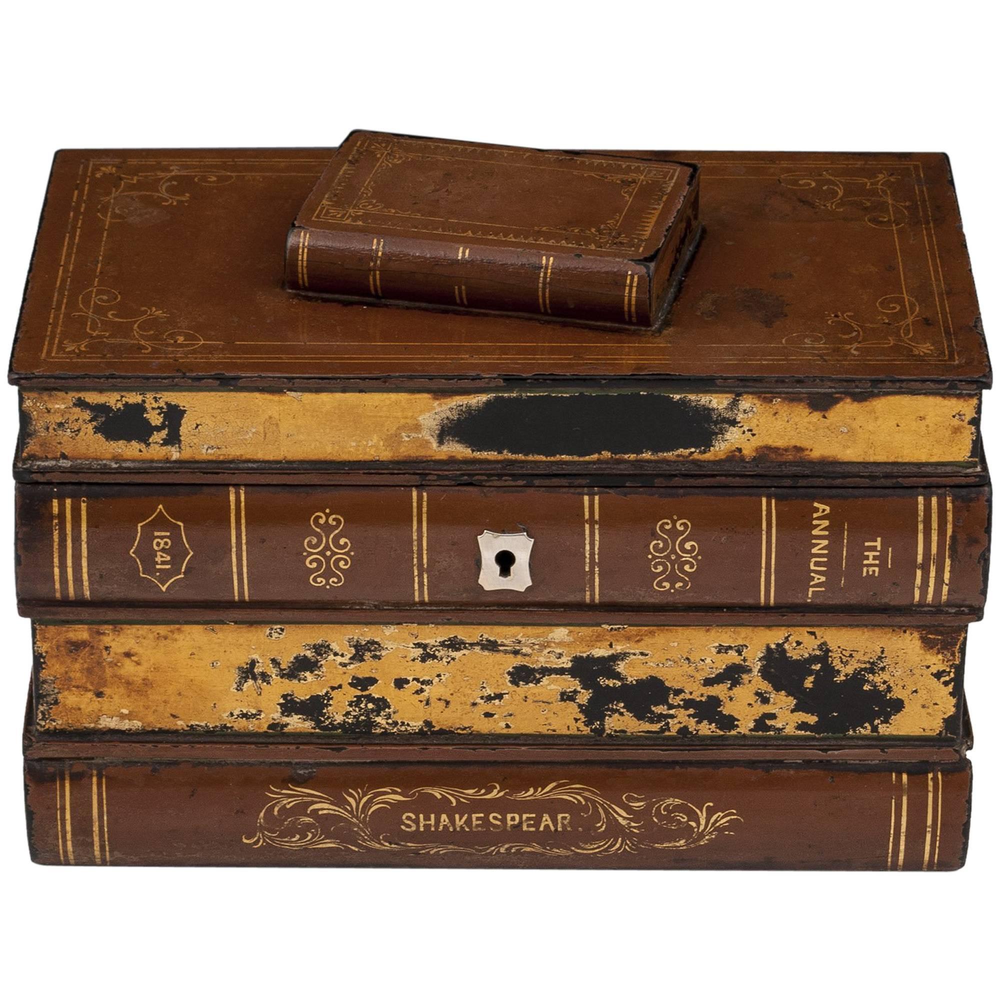 Shakespeare Book Tea Caddy Box Papier Mache Gold Leaf 19th Century