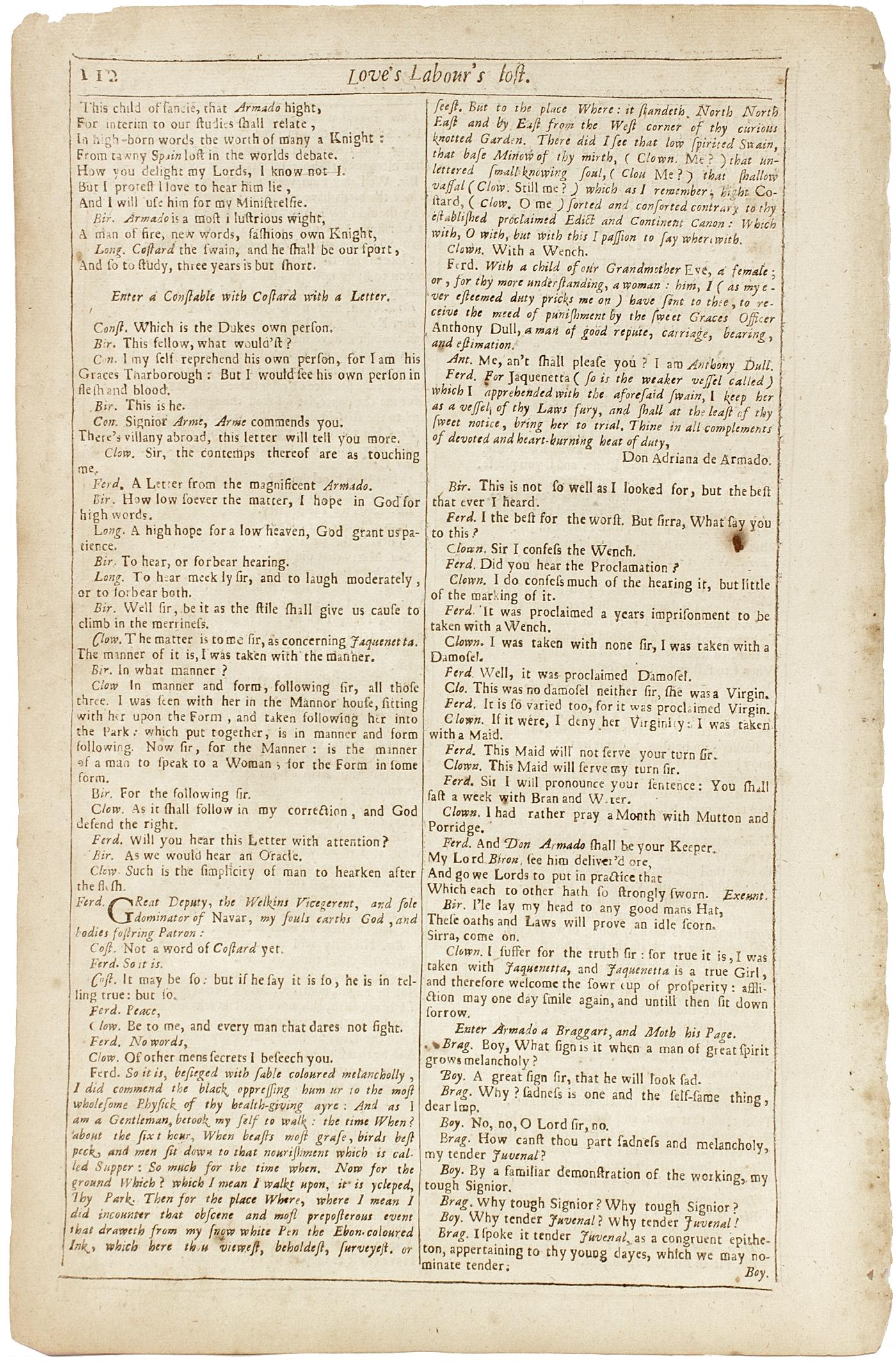 AUTEUR : SHAKESPEARE, William. 

TITRE : Les œuvres de William Shakespeare. (Le travail de l'amour perdu) - page 111-112.

ÉDITEUR : Londres : Imprimé pour H. Herringman, E. Brewster et R. Bentley, 1685.

DESCRIPTION : LE QUATRIÈME FOLIO. 111-112p.,