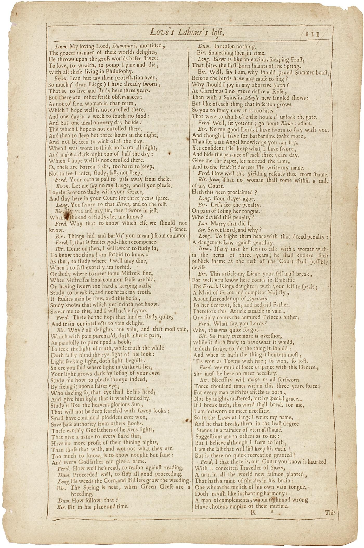 Britannique Shakespeare. Love's Labour's Lost - QUATRIÈME FOLIO - 1685 - page 111-112. en vente