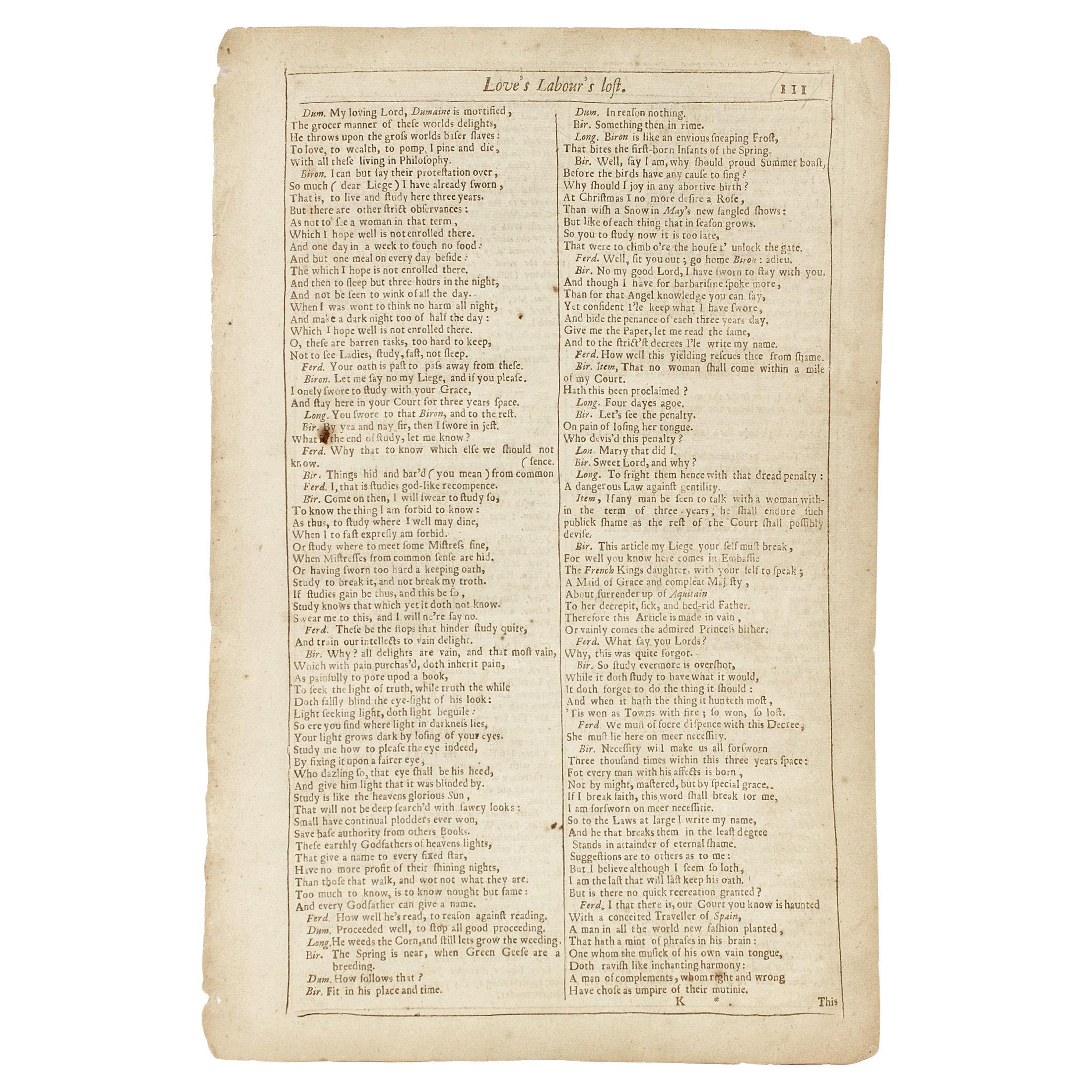 Shakespeare. Love's Labour's Lost - FOURTH FOLIO - 1685 - page 111-112.