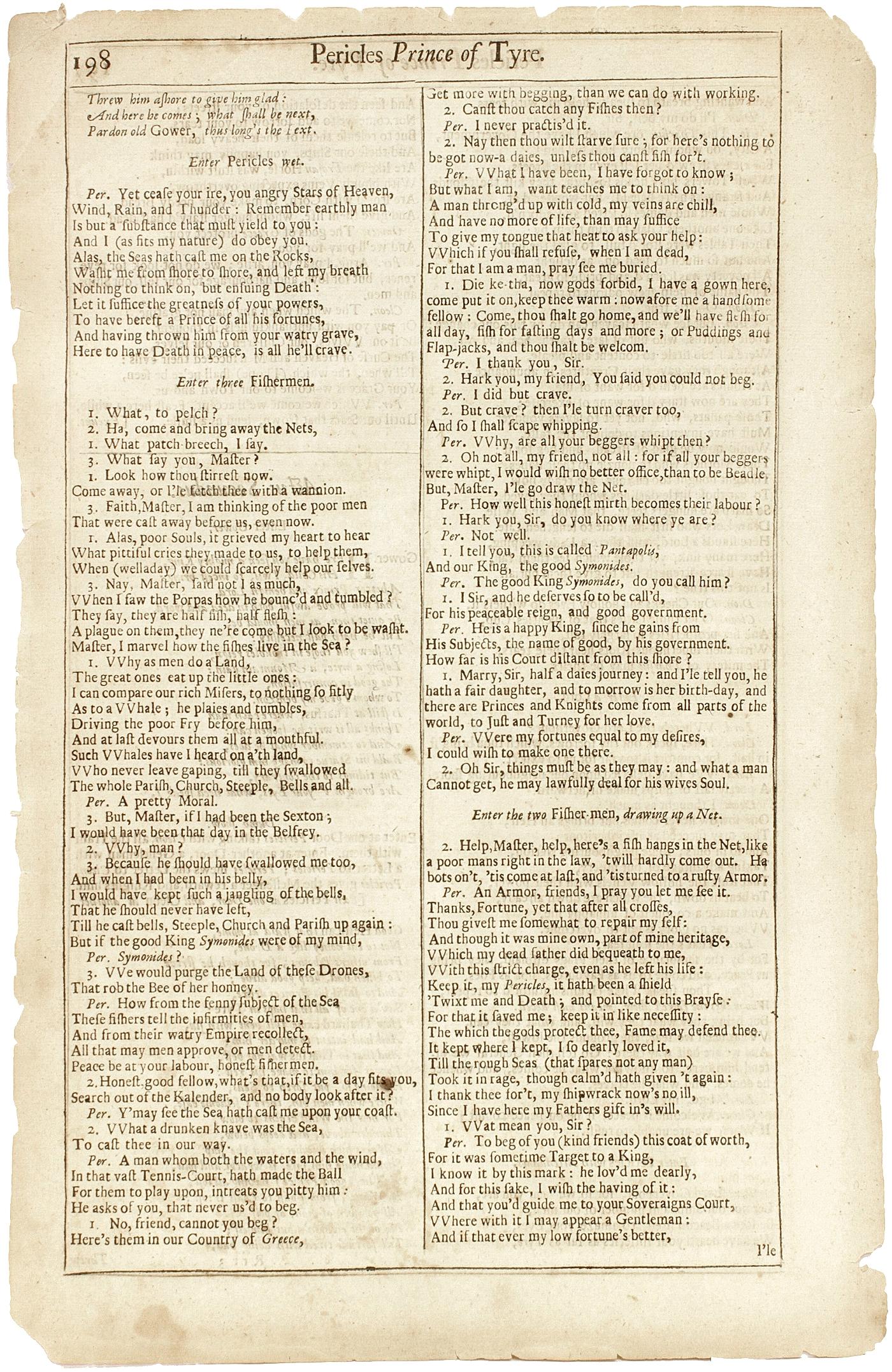 AUTHOR: SHAKESPEARE, William. 

TITLE: The Works of William Shakespeare. (Pericles Prince of Tyre) - page 197-198.

PUBLISHER: London: Printed for H. Herringman, E. Brewster and R. Bentley, 1685.

DESCRIPTION: THE FOURTH FOLIO. 197-198p., 1 leaf