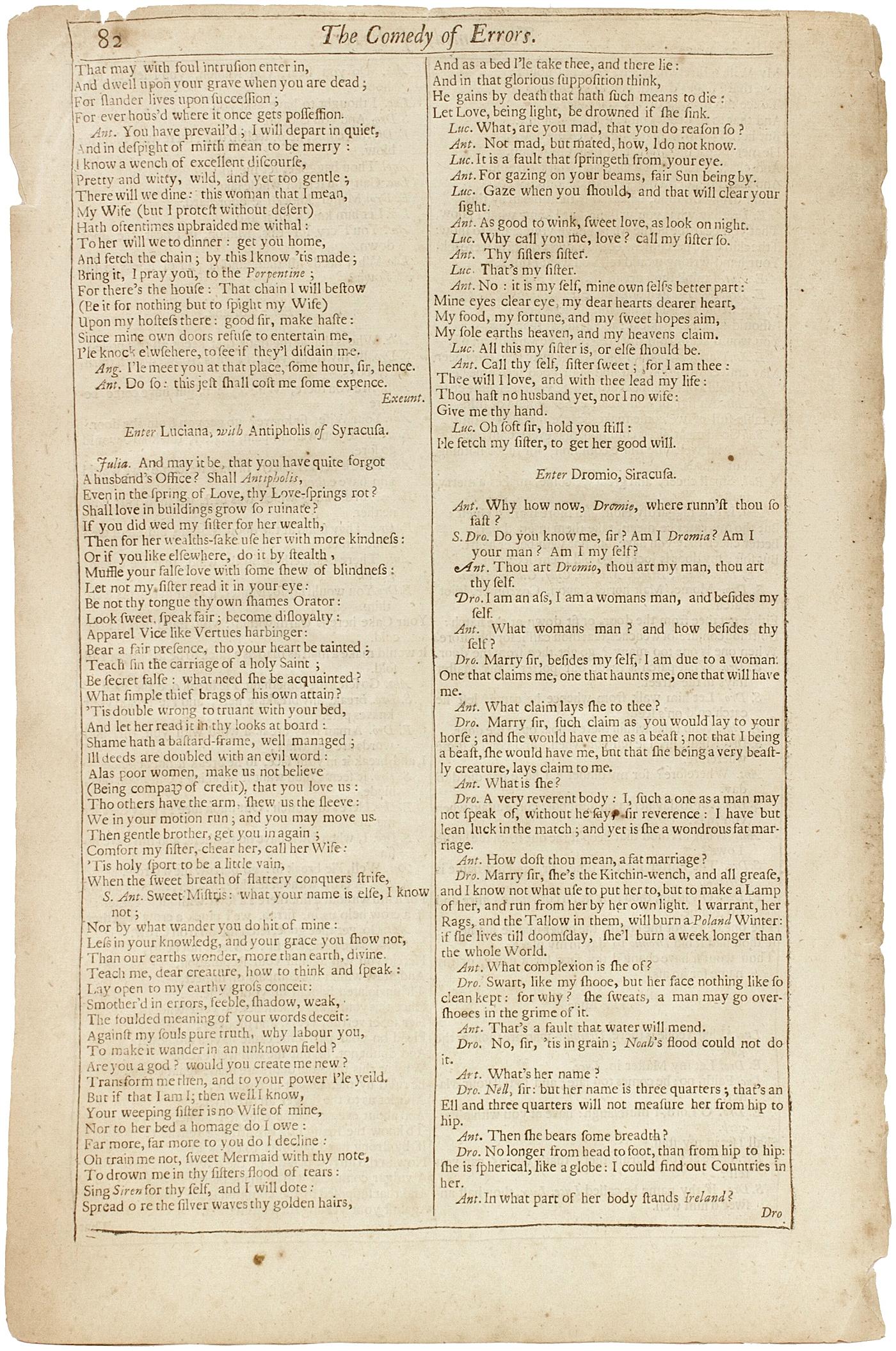 Britannico Shakespeare. La commedia degli errori - QUARTO FOLIO - 1685 - pagina 81-82. in vendita