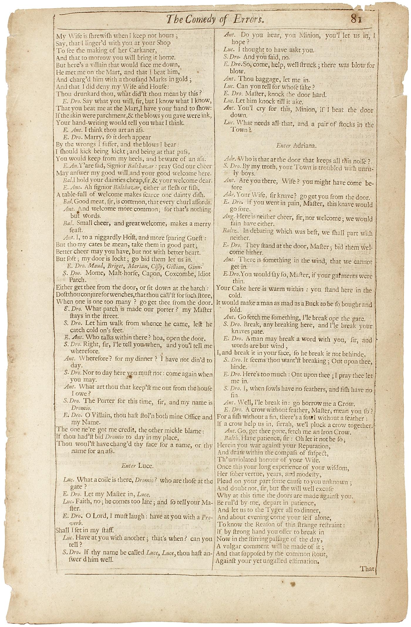 Shakespeare. La commedia degli errori - QUARTO FOLIO - 1685 - pagina 81-82. In condizioni buone in vendita a Hillsborough, NJ
