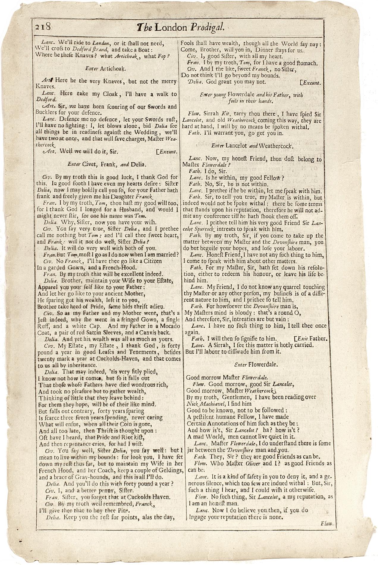 Fin du XVIIe siècle Shakespeare. The London Prodigal - FOURTH FOLIO - 1685 - page 217-218 en vente