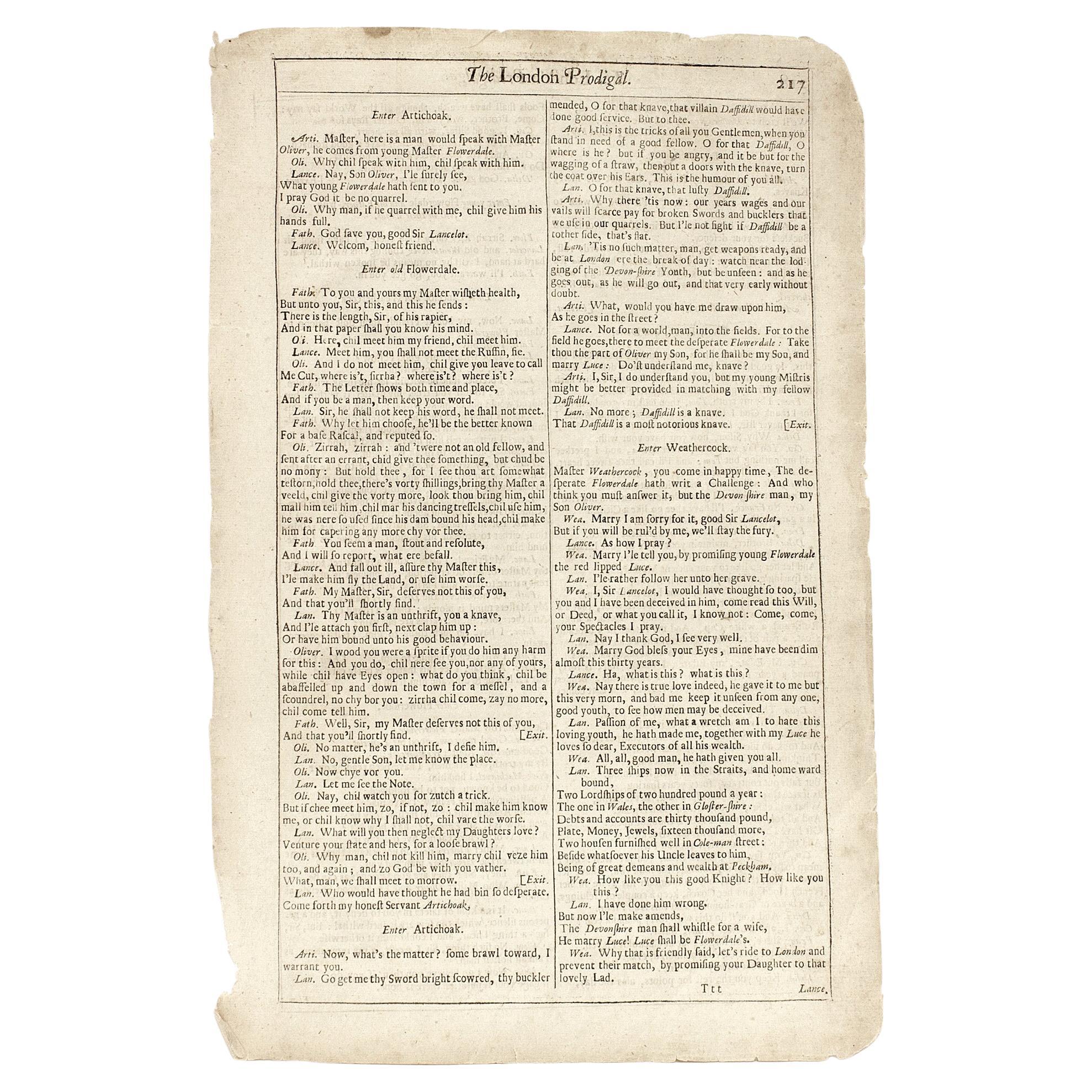 Shakespeare. The London Prodigal - FOURTH FOLIO - 1685 - page 217-218 For Sale