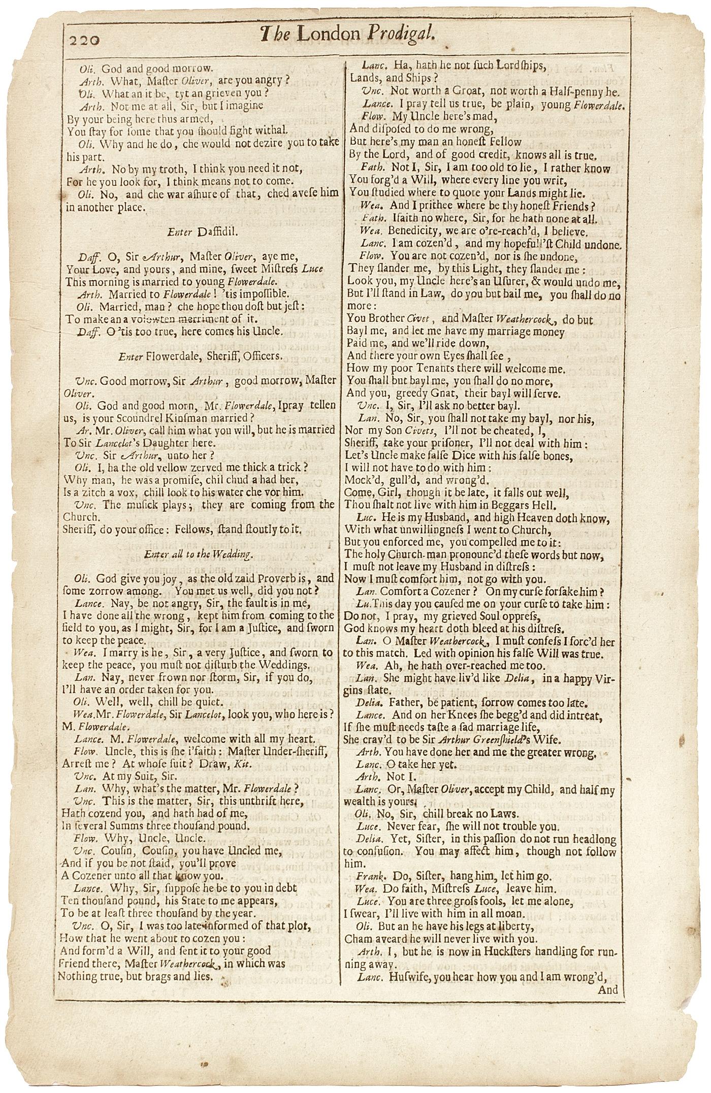 Britannique Shakespeare. The London Prodigal - FOURTH FOLIO - 1685 - page 219-220. en vente