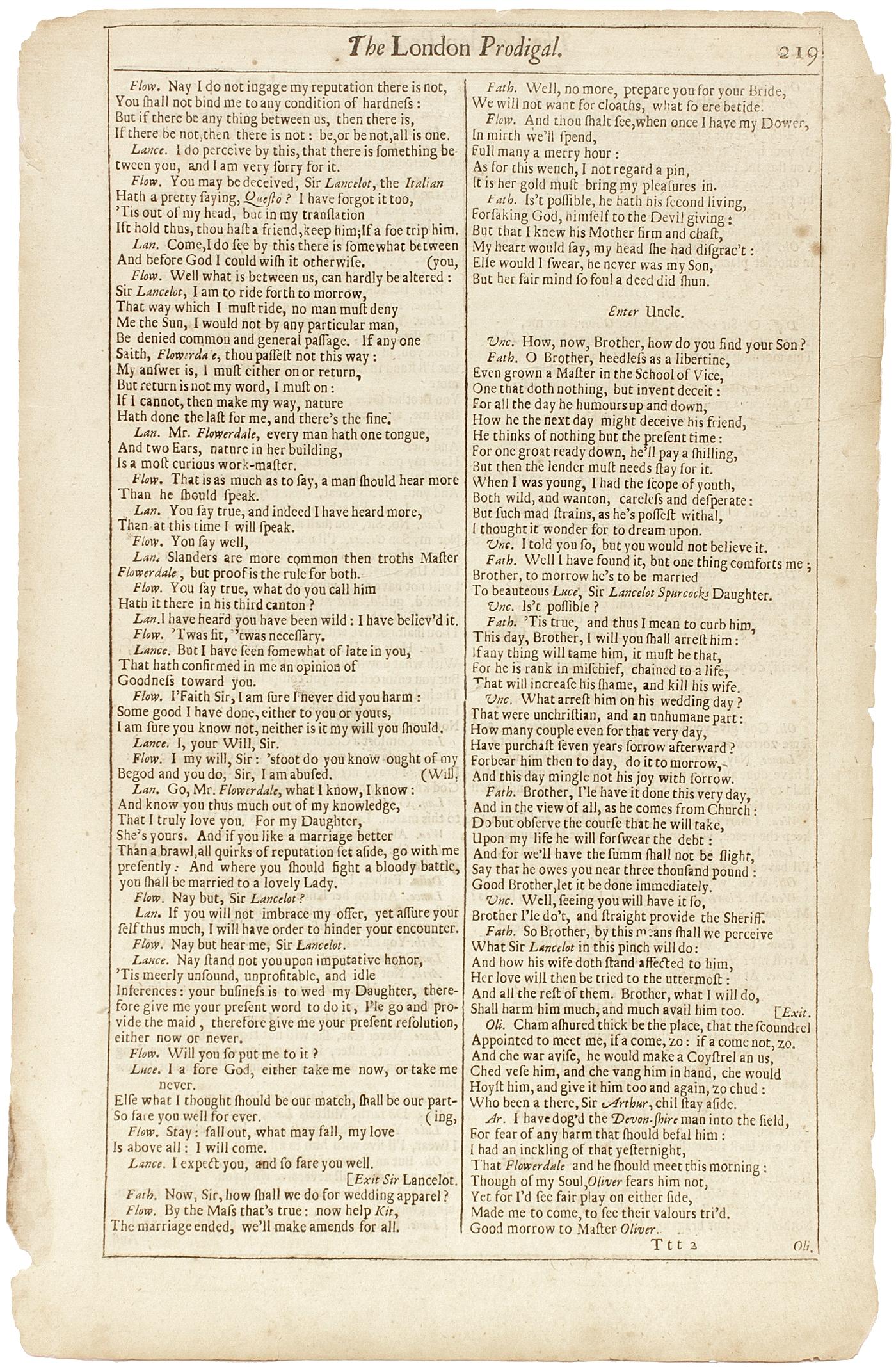 Shakespeare. The London Prodigal - FOURTH FOLIO - 1685 - page 219-220. Bon état - En vente à Hillsborough, NJ