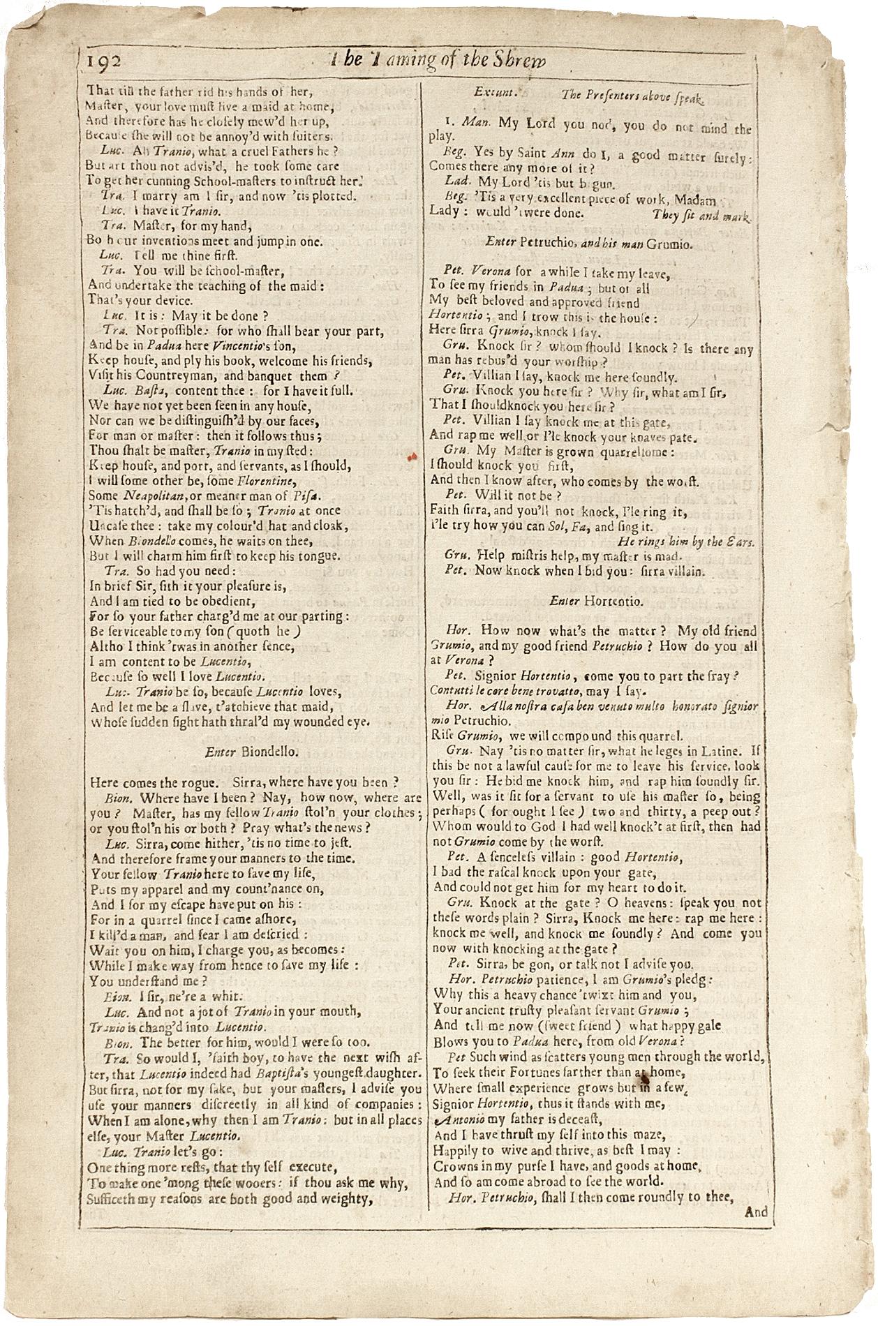AUTHOR: SHAKESPEARE, William. 

TITLE: The Works of William Shakespeare. (The Taming of the Shrew) - page 187/192.

PUBLISHER: London: Printed for H. Herringman, E. Brewster and R. Bentley, 1685.

DESCRIPTION: THE FOURTH FOLIO. 187/192p.,