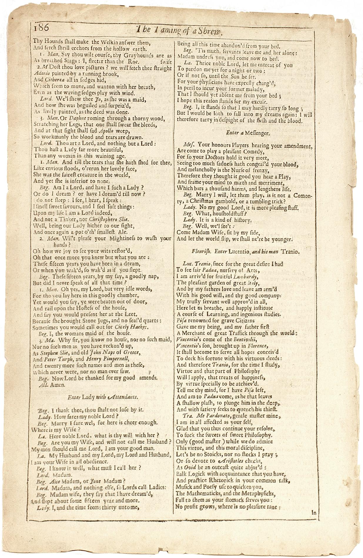 British Shakespeare. The Taming of the Shrew - FOURTH FOLIO - 1685 - page 189/186 For Sale