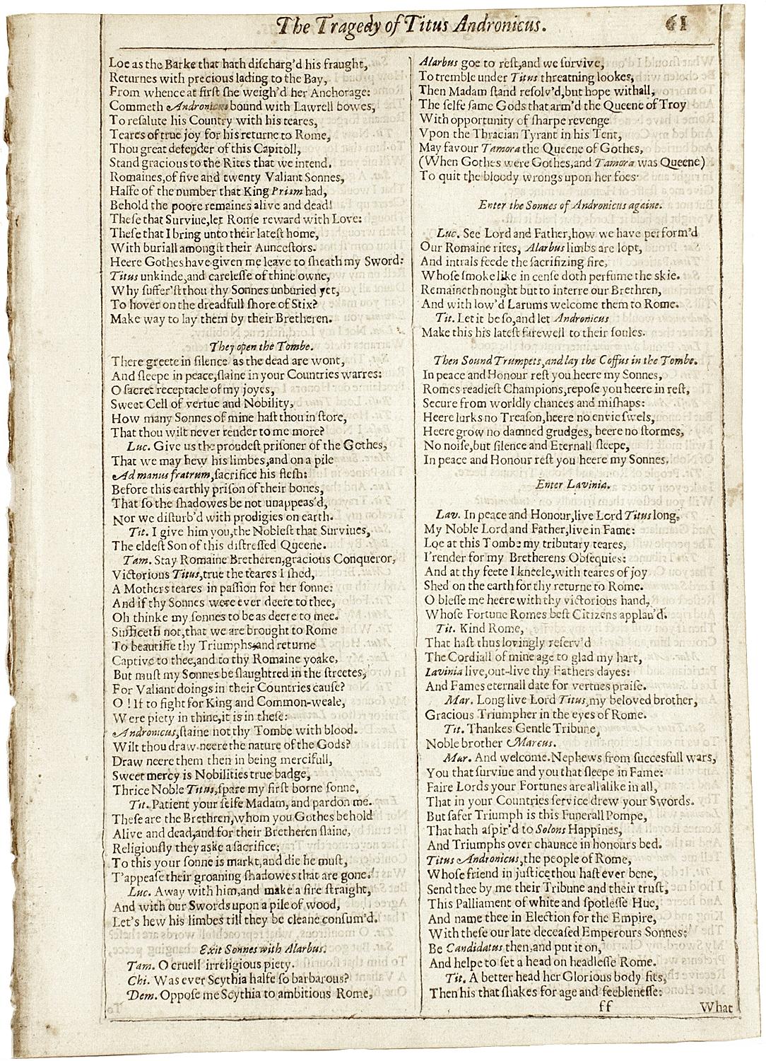AUTHOR: SHAKESPEARE, William. 

TITLE: The Works of William Shakespeare. (The Tragedy of Titus Andronicus) - page 61-62.

PUBLISHER: London: Smethwick, J., Aspley, W., Hawkins, Richard, & Meighan, Richard, 1632.

DESCRIPTION: THE SECOND FOLIO.