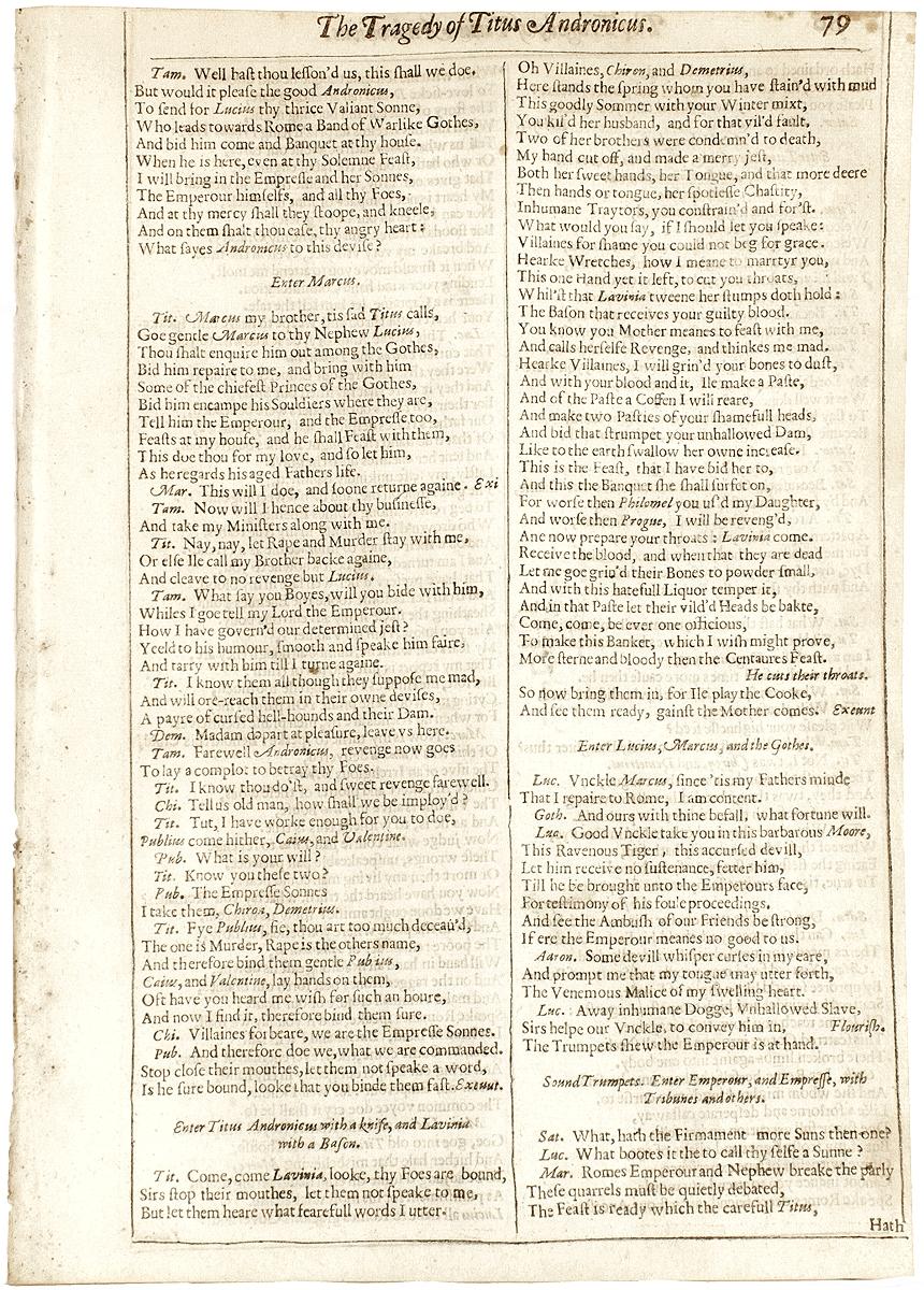 AUTHOR: SHAKESPEARE, William. 

TITLE: The Works of William Shakespeare. (The Tragedy of Titus Andronicus) - page 79-80.

PUBLISHER: London: Smethwick, J., Aspley, W., Hawkins, Richard, & Meighan, Richard, 1632.

DESCRIPTION: THE SECOND FOLIO.