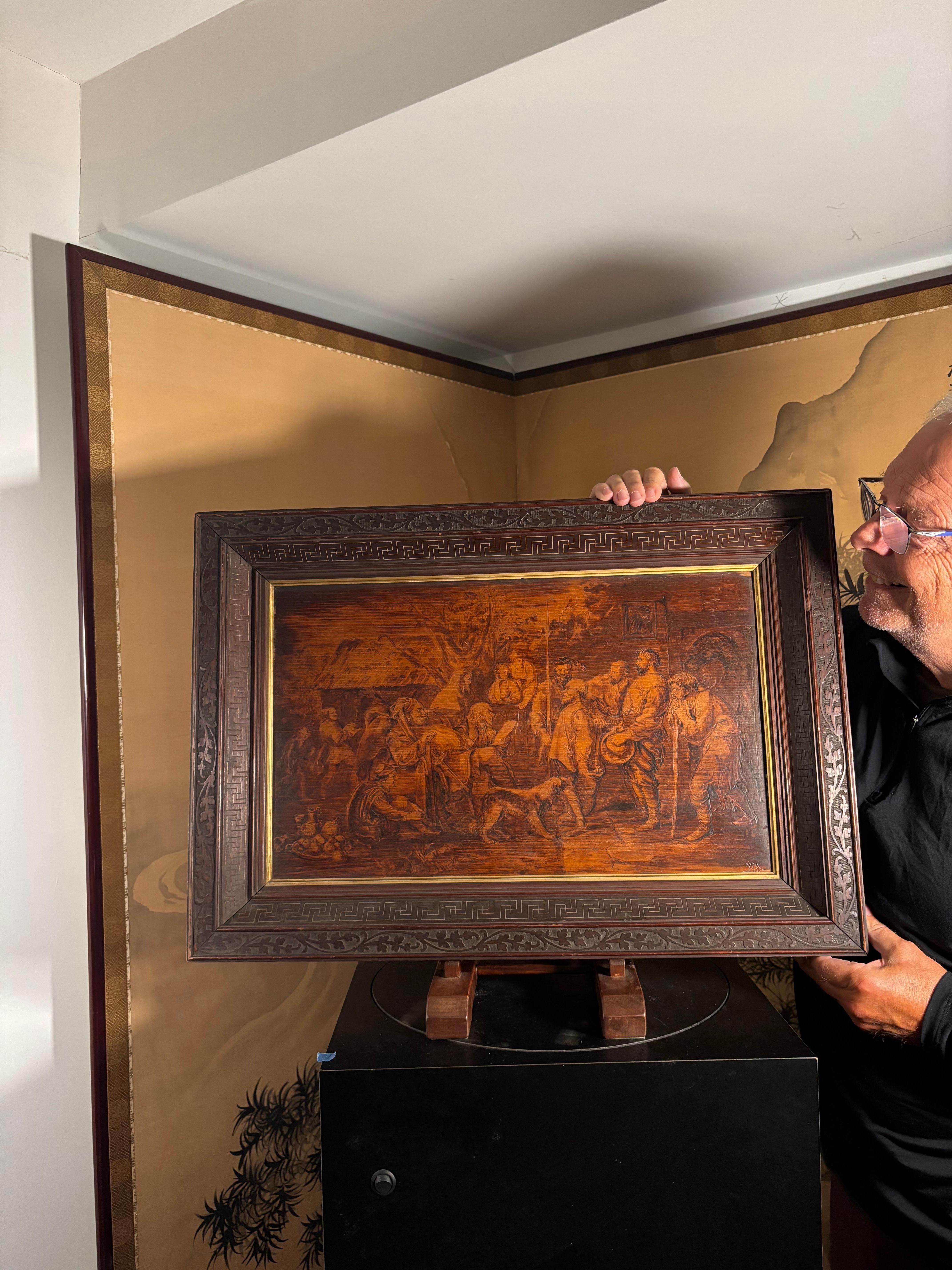 From an important thirty year old New England collection of American Folk Art Pyrography

Robert Ball Hughes (British-American, 1804-1868) 
This original period framed 1866 pyrography on wood panel was created after the painting by Sir John