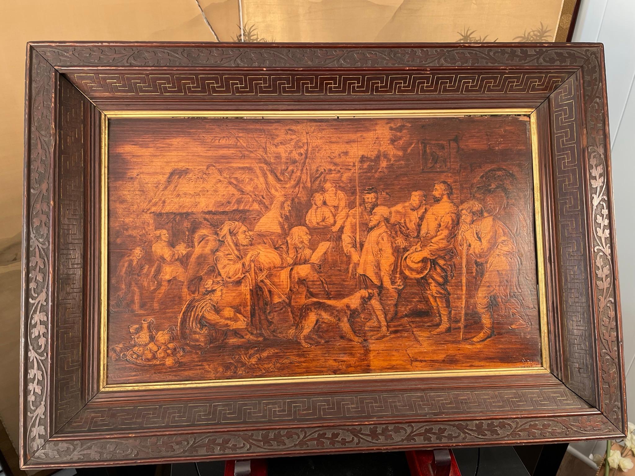 From an important thirty year old New England collection of American Folk Art Pyrography

Robert Ball Hughes (British-American, 1804-1868) 
This original period framed 1866 pyrography on wood panel was created after the painting by Sir John