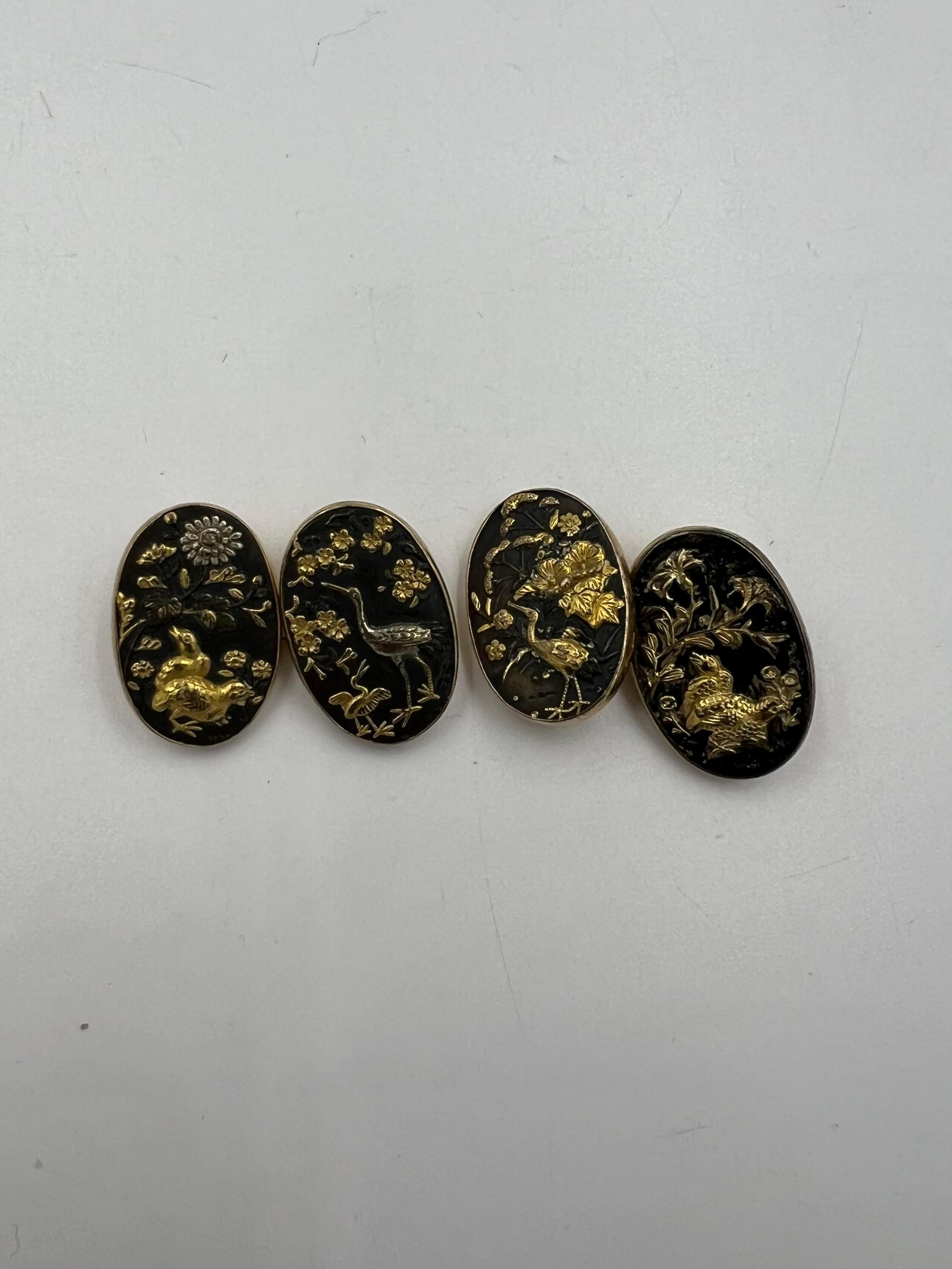 Victorian Shakudo Double Sided Yellow Gold Cufflinks For Sale
