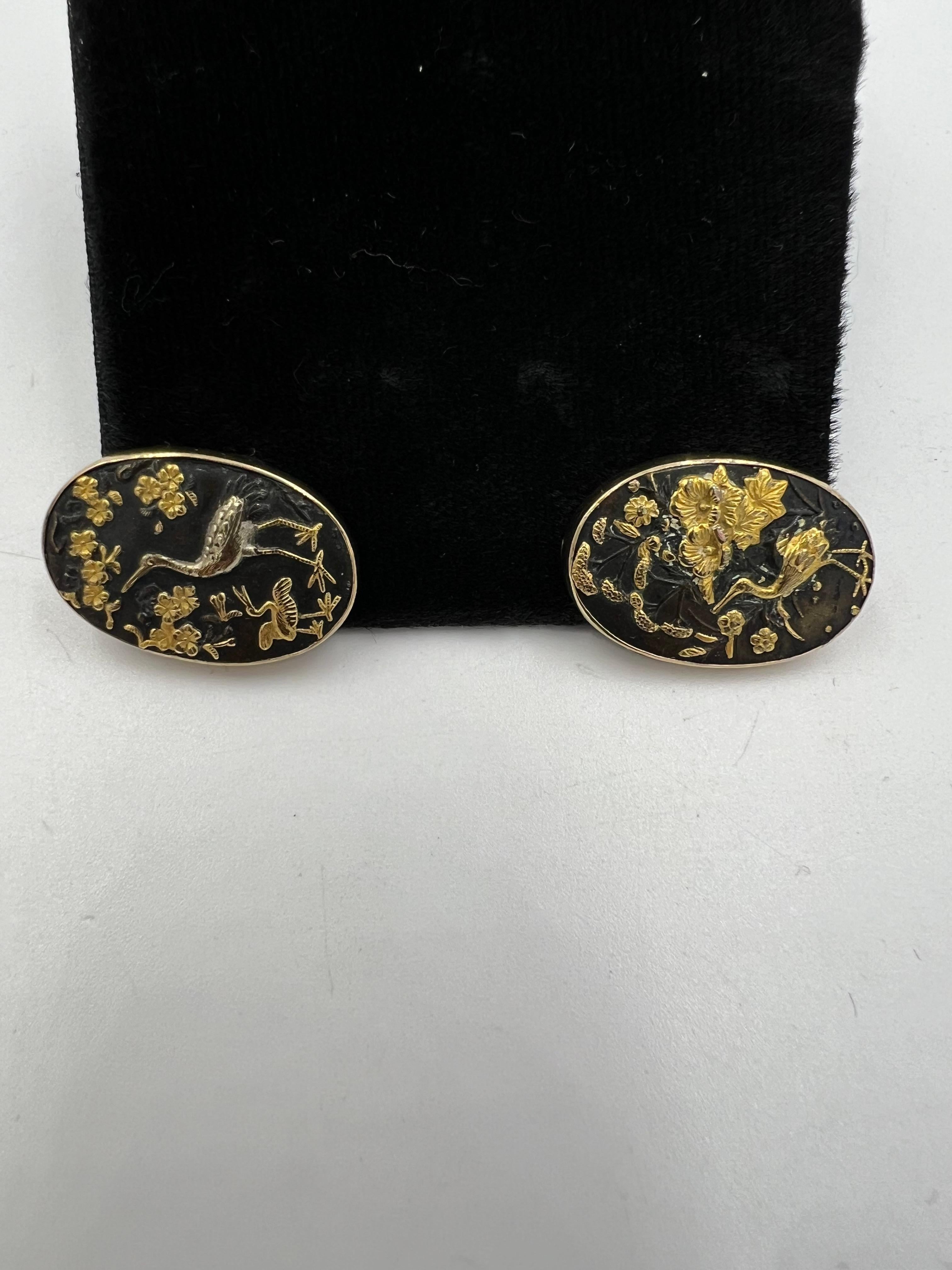 Women's or Men's Shakudo Double Sided Yellow Gold Cufflinks For Sale