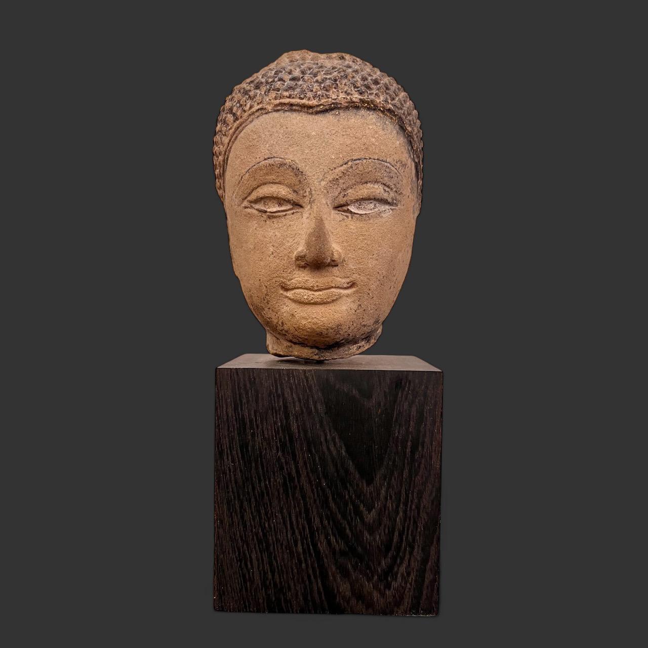 Shakyamuni Buddha head in sandstone, Thailand, Ayutthaya, 17th century In Good Condition For Sale In NICE, FR