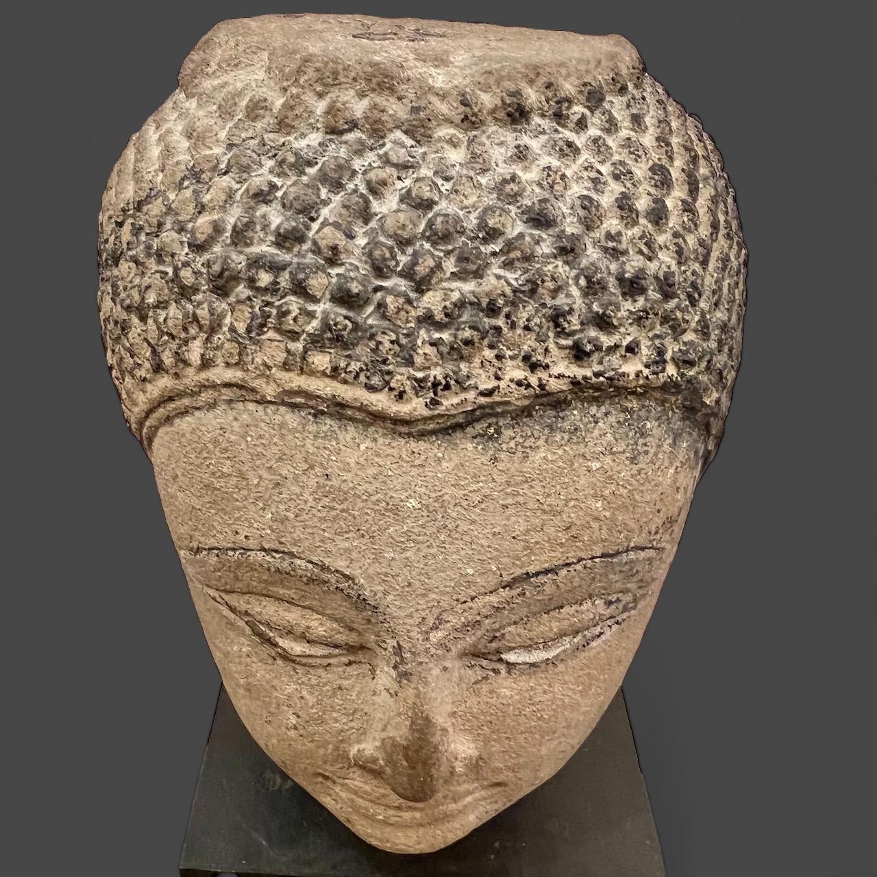 18th Century and Earlier Shakyamuni Buddha head in sandstone, Thailand, Ayutthaya, 17th century For Sale
