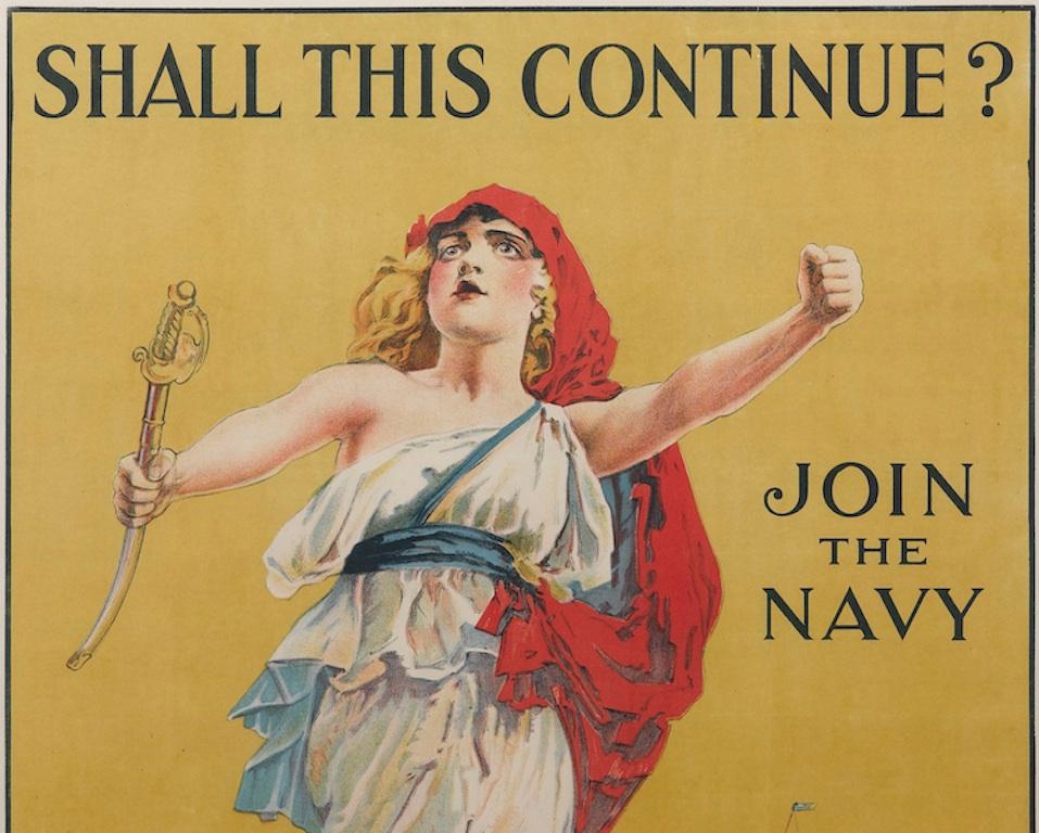 This vintage recruitment poster from World War I was issued to encourage onlookers to join the U.S. Navy. The poster was issued by the Morgan Litho. Co. out of Cleveland in 1916. The poster design features a large allegorical figure of a women atop