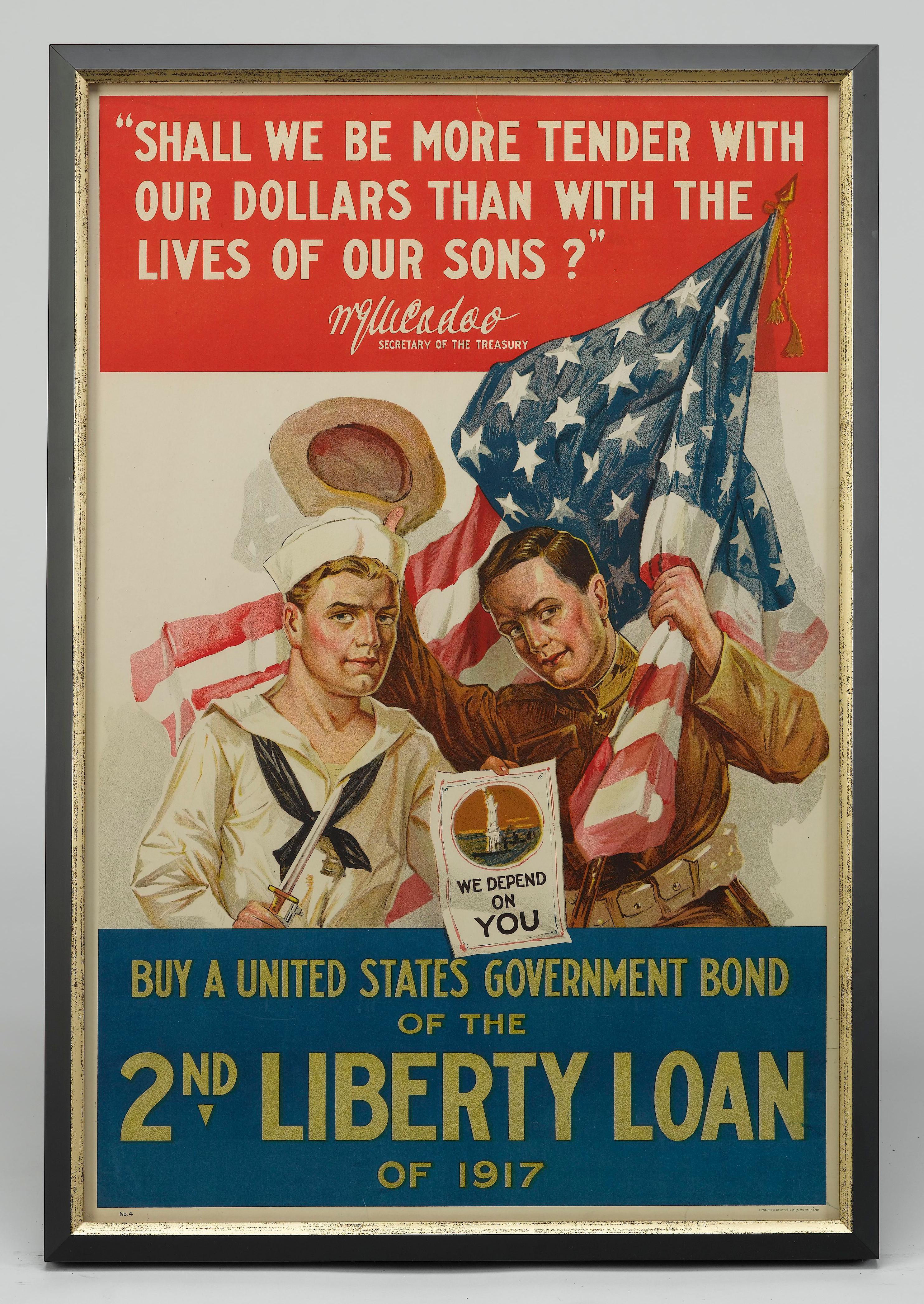 This original WWI poster was issued as part of the Second Liberty Loan run and dates to 1917. The poster depicts a young soldier holding an American flag in one hand and his uniformed hat in the other. Next to him, a sailor holds a leaflet