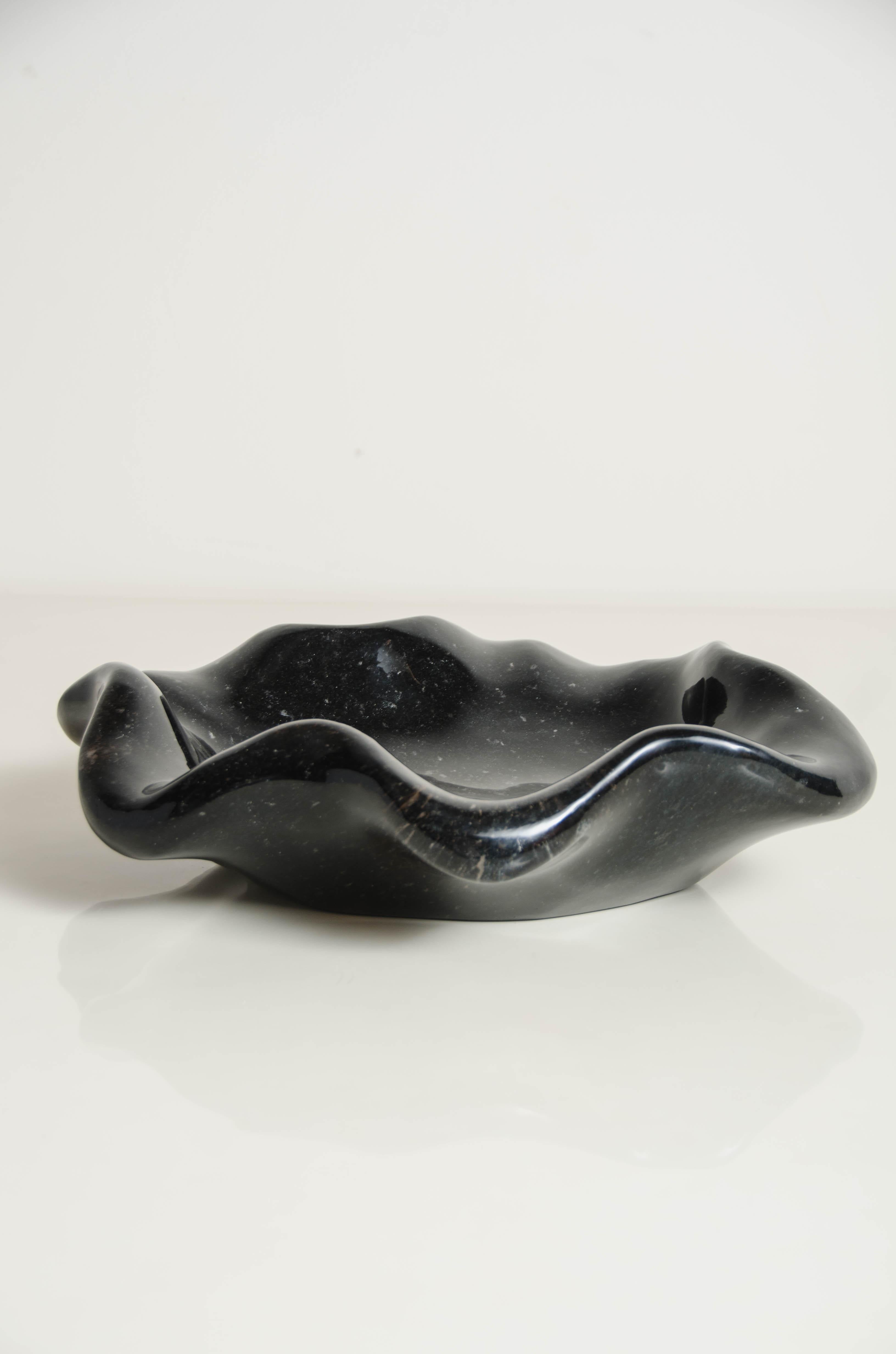 Hand-Carved Shallow Lotus Bowl, Small, Black Crystal by Robert Kuo, Hand Carved For Sale