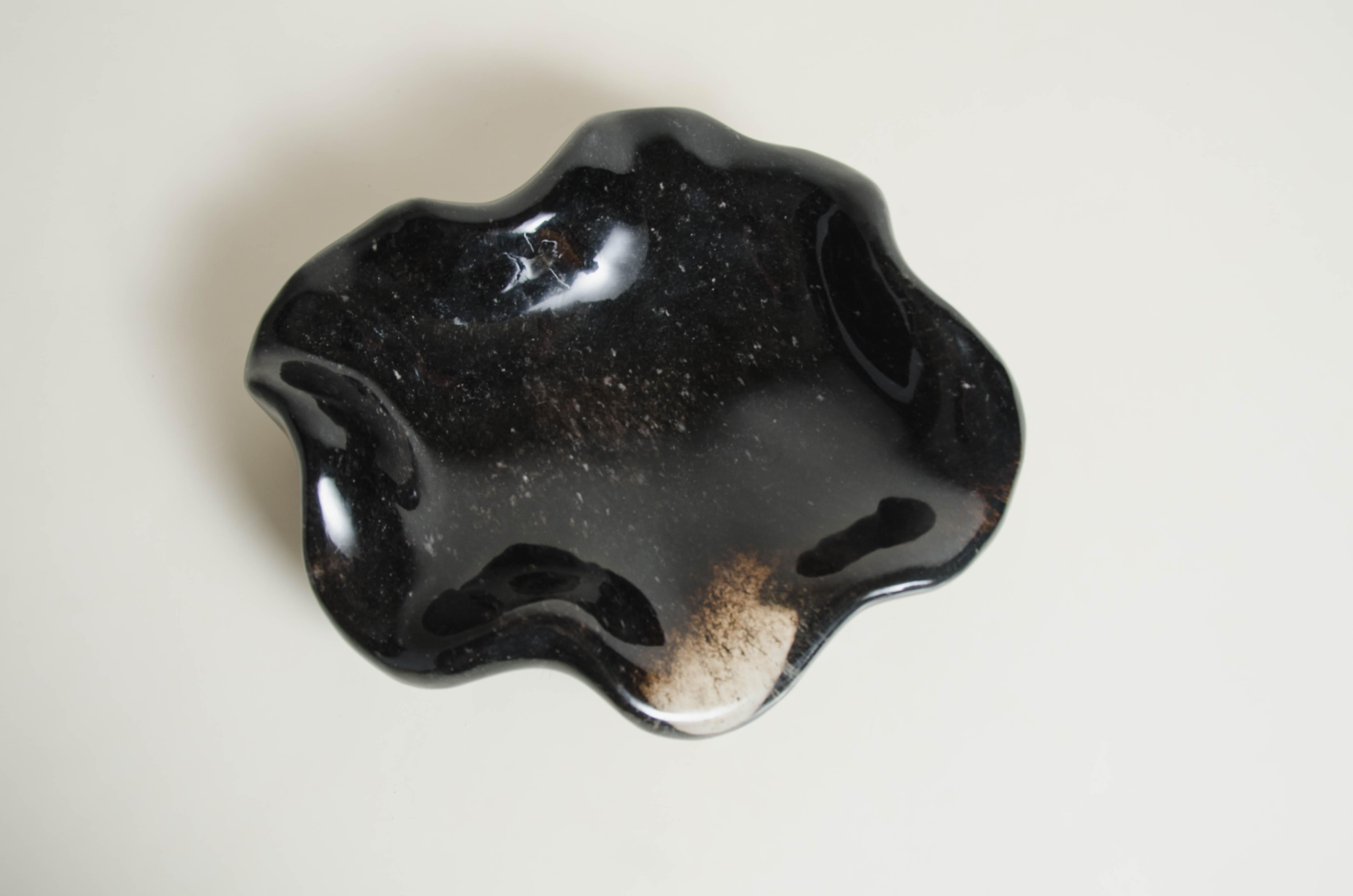 Contemporary Shallow Lotus Bowl, Small, Black Crystal by Robert Kuo, Hand Carved For Sale
